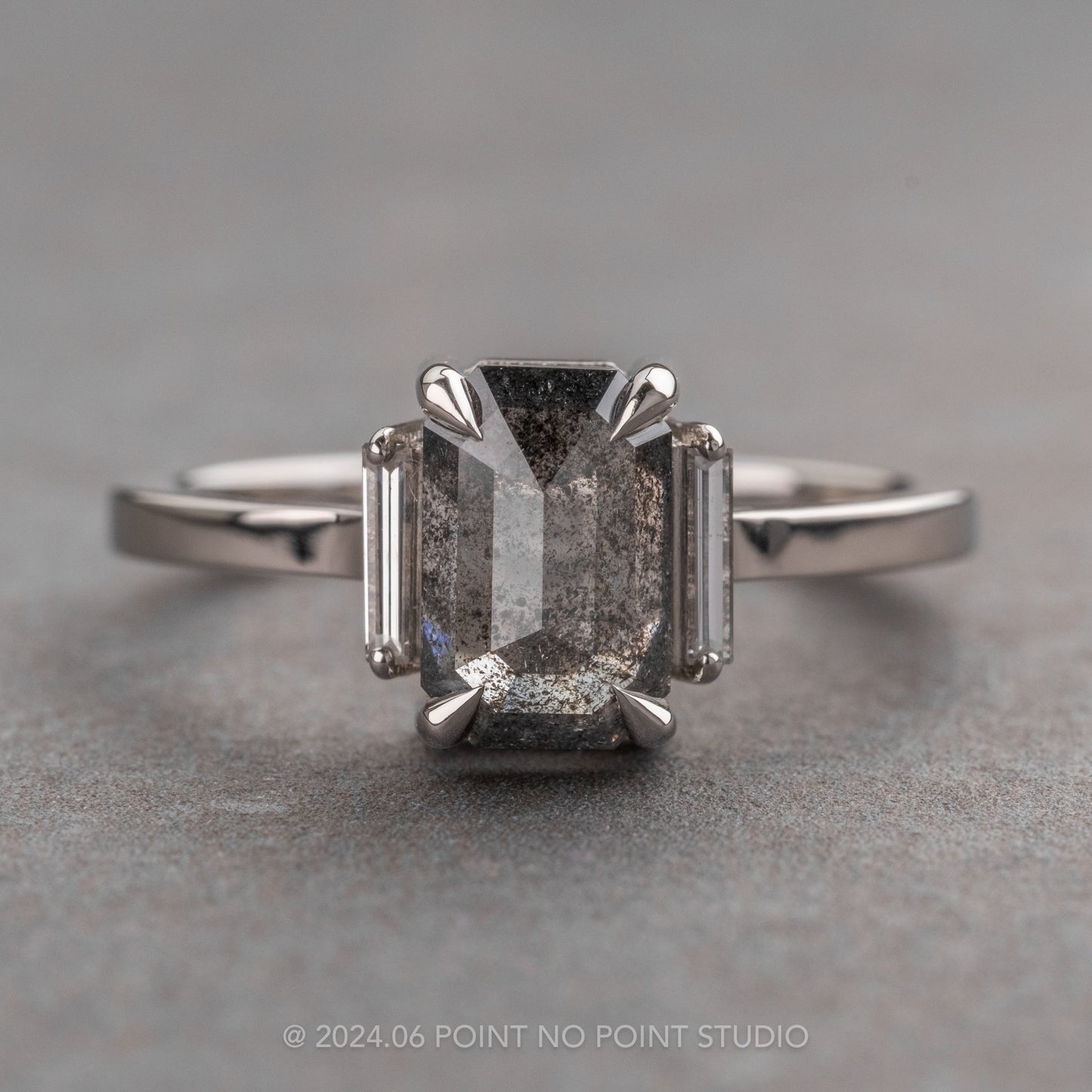 1.84 Carat Black Speckled Emerald Shaped Diamond Engagement Ring, Lea Setting, Platinum