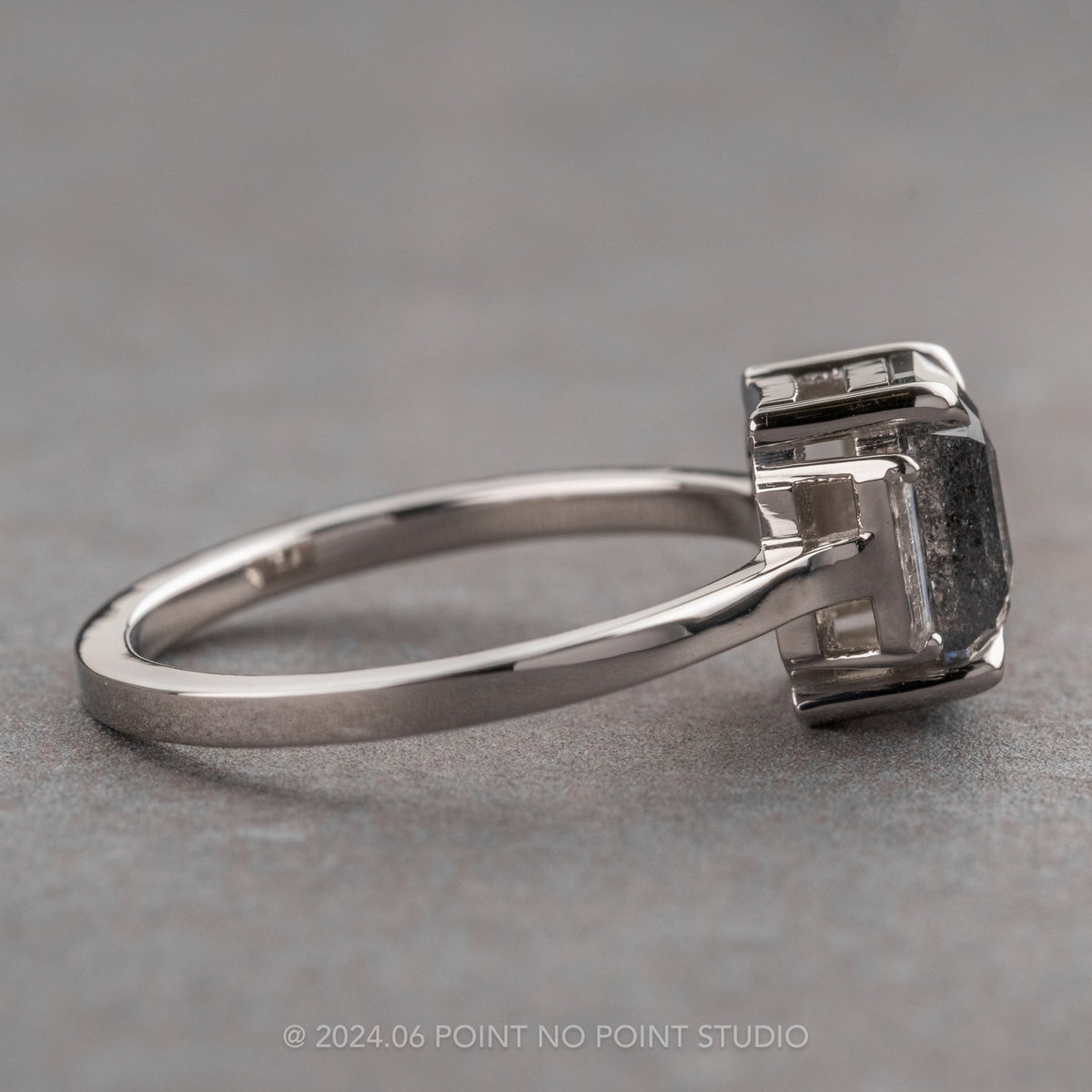 1.84 Carat Black Speckled Emerald Shaped Diamond Engagement Ring, Lea Setting, Platinum