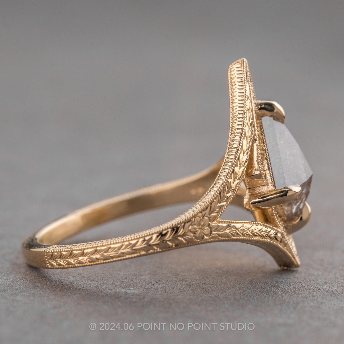 .86 Carat Salt and Pepper Kite Diamond Engagement Ring, Engraved Arwen Setting