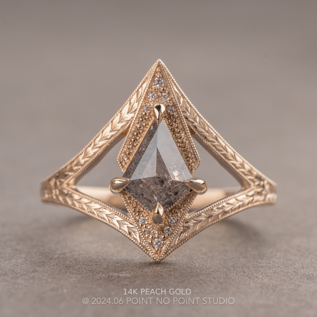 .86 Carat Salt and Pepper Kite Diamond Engagement Ring, Engraved Arwen Setting