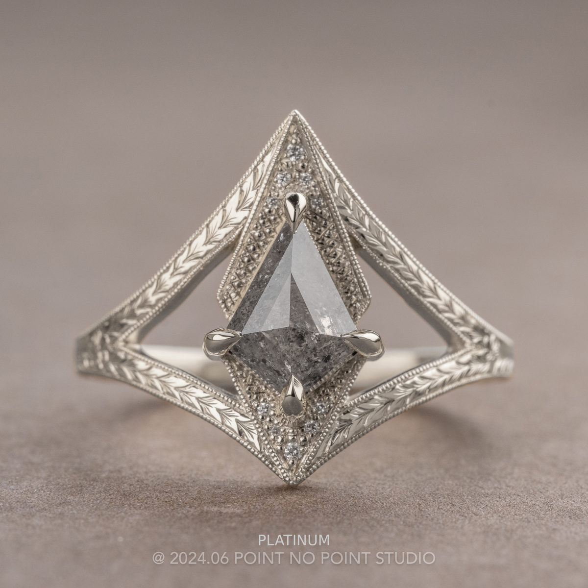 .86 Carat Salt and Pepper Kite Diamond Engagement Ring, Engraved Arwen Setting