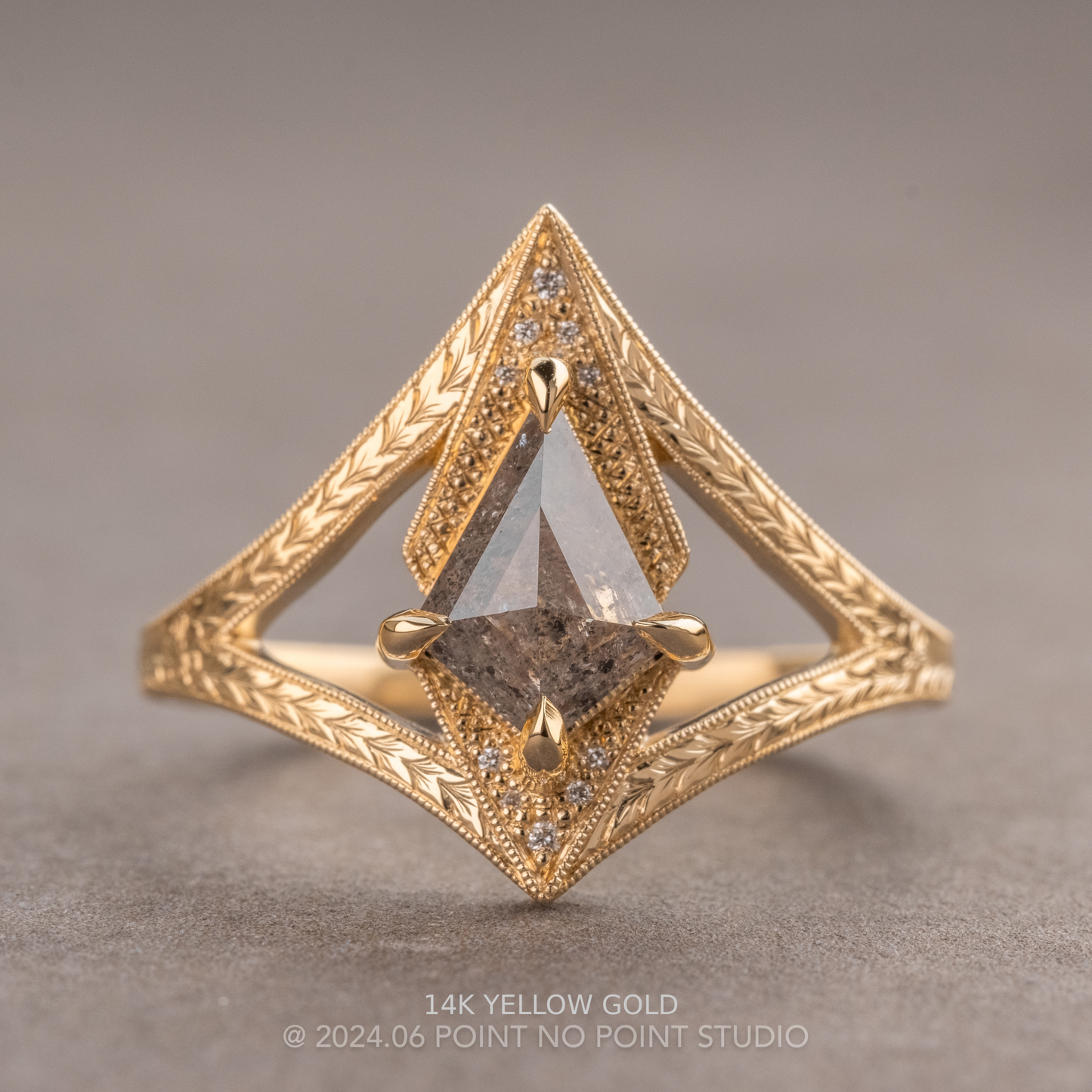 .86 Carat Salt and Pepper Kite Diamond Engagement Ring, Engraved Arwen Setting