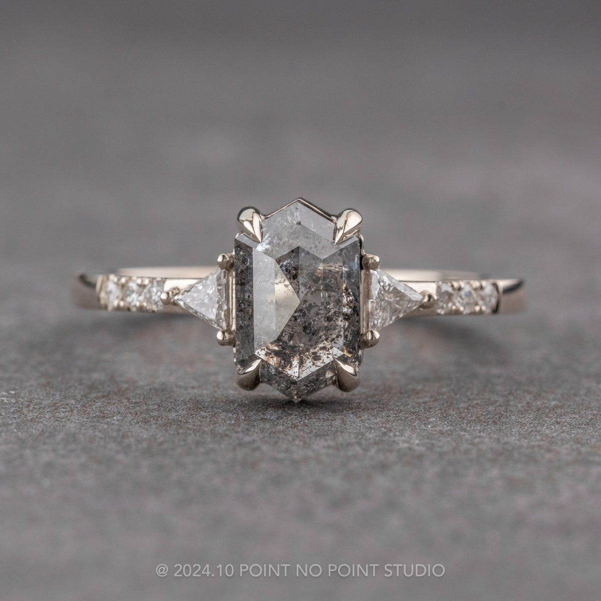 1.82 Carat Black Salt and Pepper Hexagon Diamond Engagement Ring, Eliza Setting