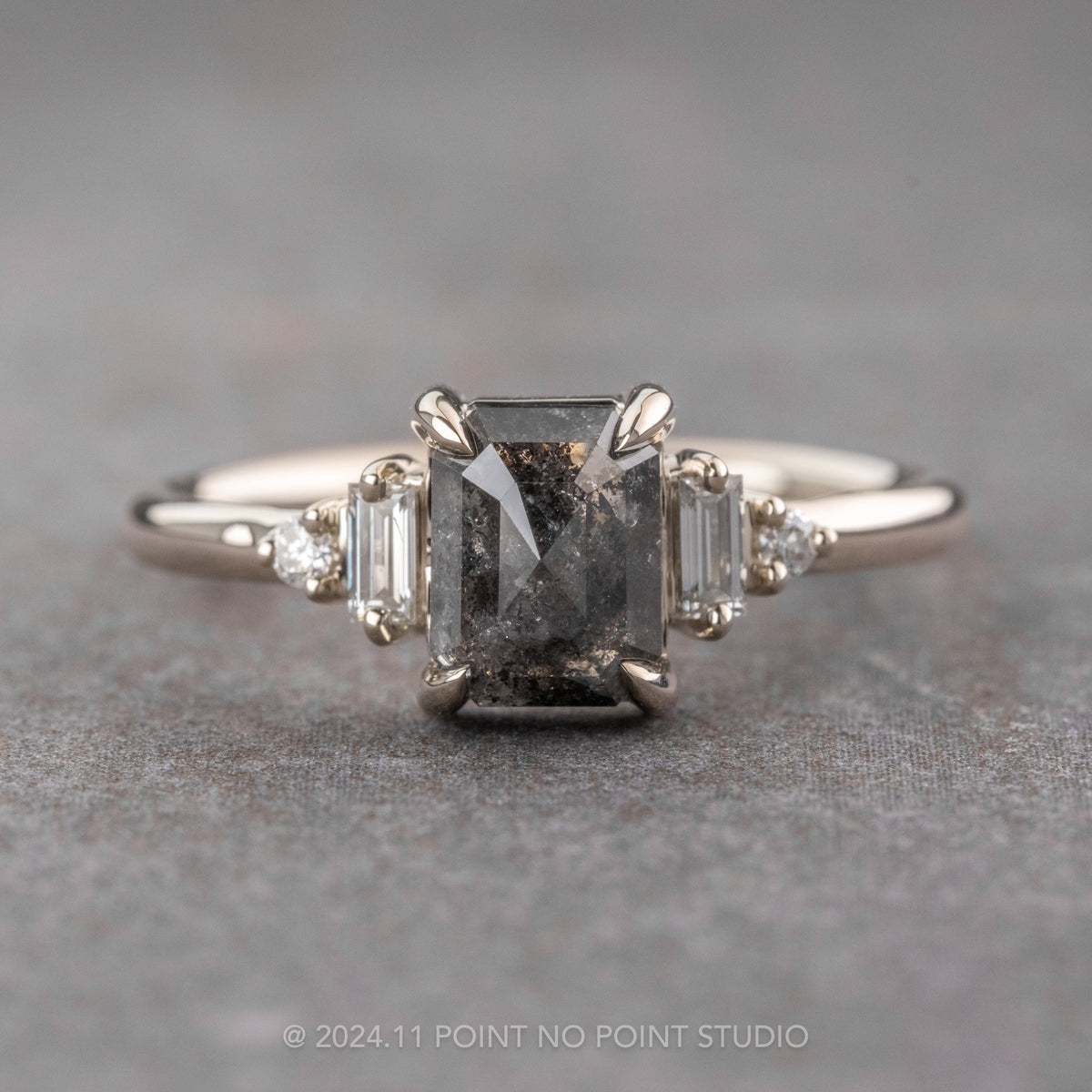 1.41 Carat Black Salt and Pepper Emerald Shaped Diamond Engagement Ring, Betty Setting