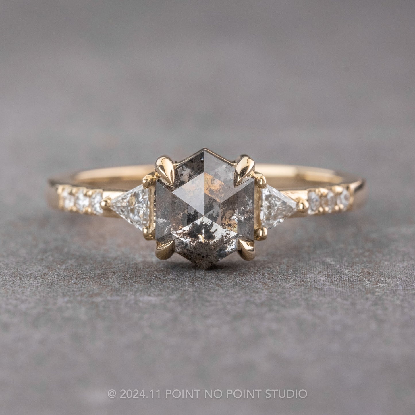 1.42 Carat Salt and Pepper Hexagon Diamond Engagement Ring, Eliza Setting, 14K Yellow Gold