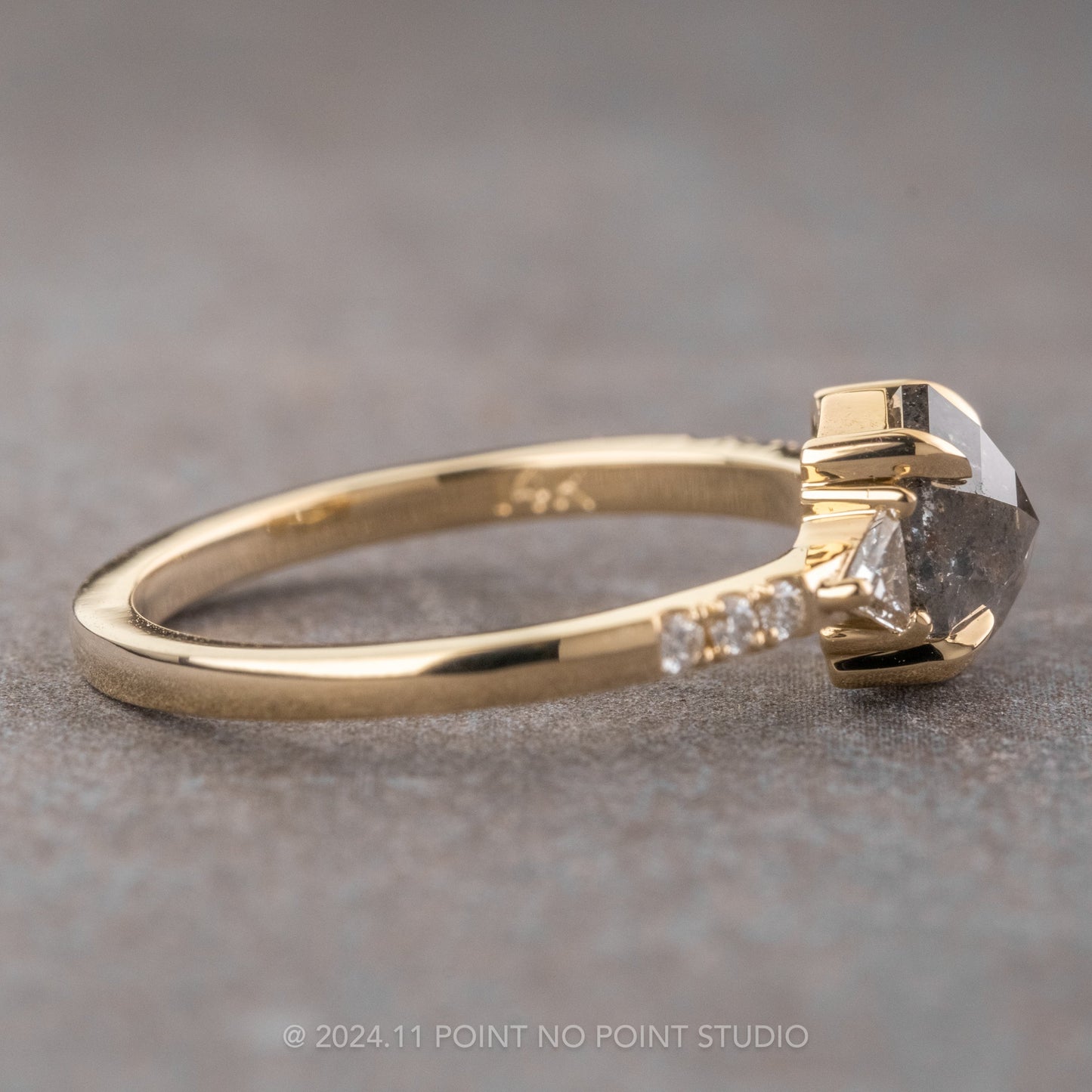 1.42 Carat Salt and Pepper Hexagon Diamond Engagement Ring, Eliza Setting, 14K Yellow Gold