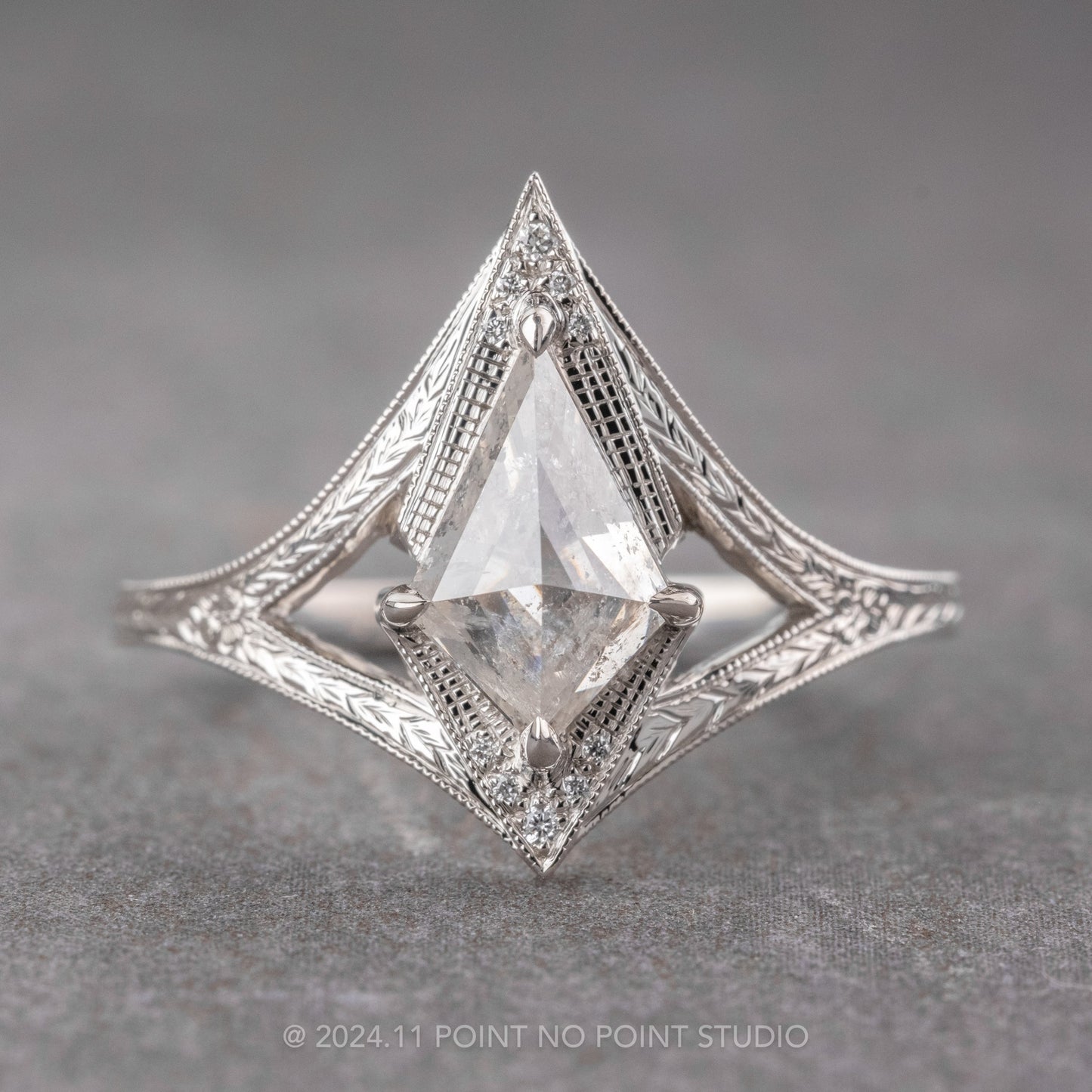 1.12 Carat Canadian Salt and Pepper Kite Diamond Engagement Ring, Engraved Arwen Setting, Platinum