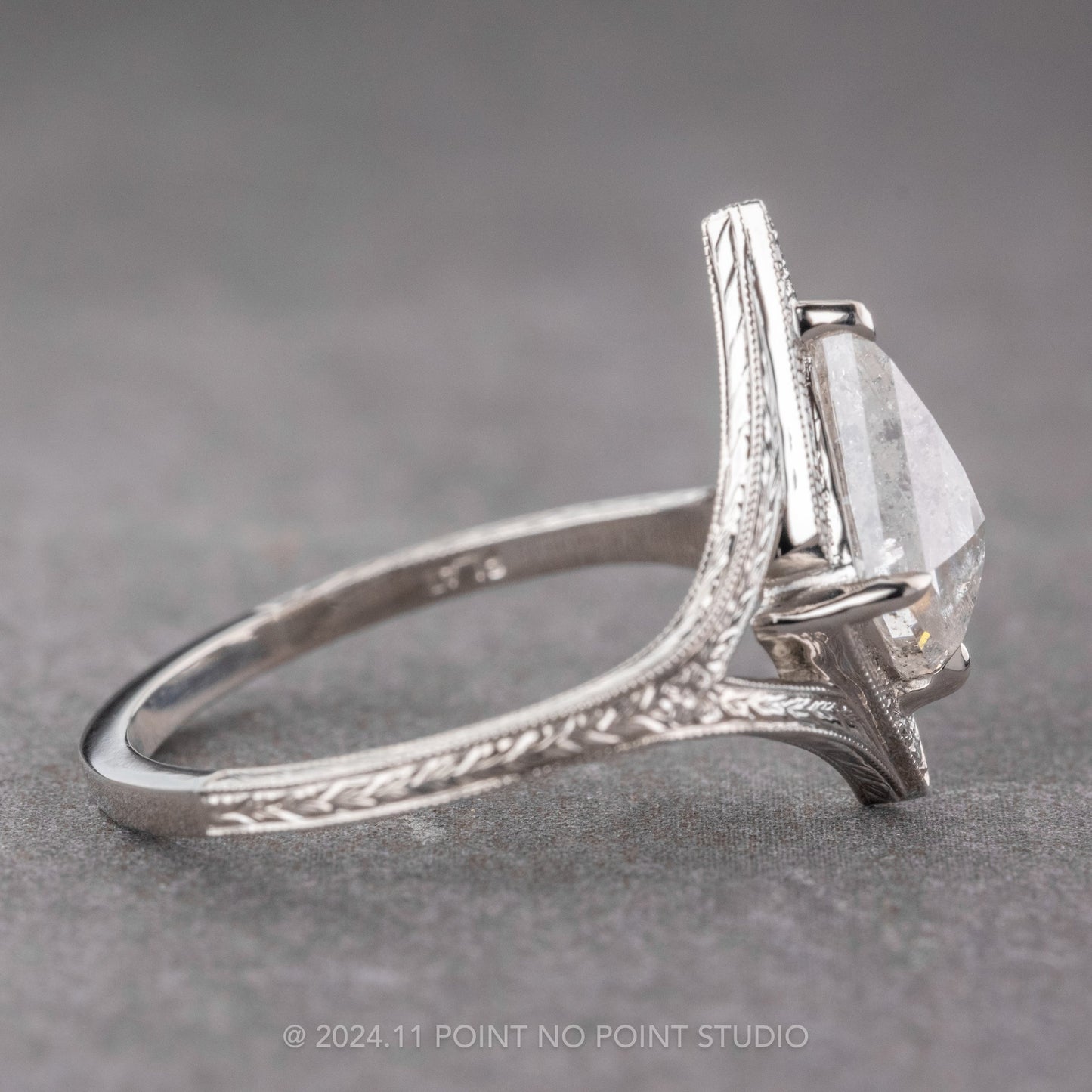 1.12 Carat Canadian Salt and Pepper Kite Diamond Engagement Ring, Engraved Arwen Setting, Platinum
