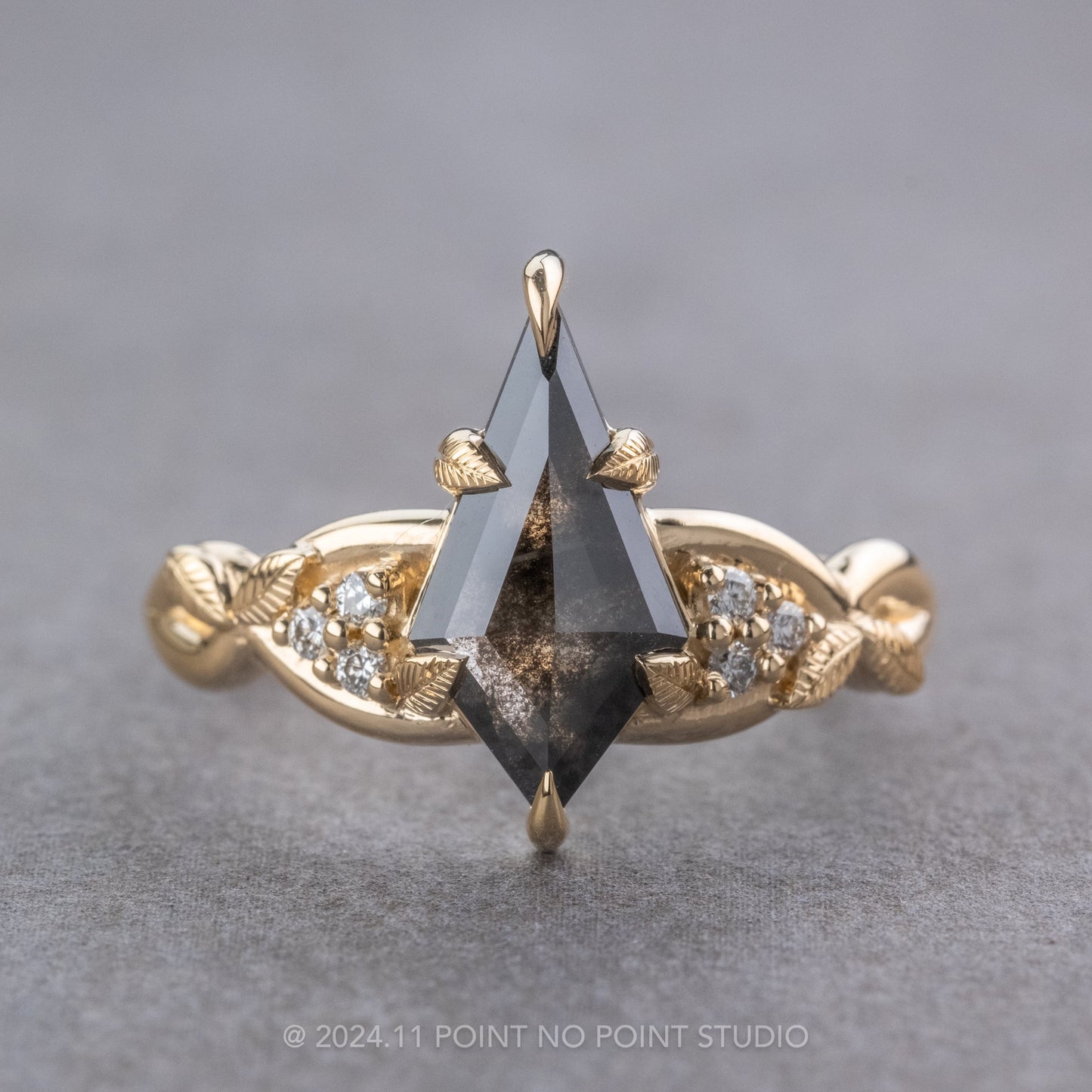 1.25 Carat Black Speckled Kite Diamond Engagement Ring, Leaf Quinn Setting, 14k Yellow Gold