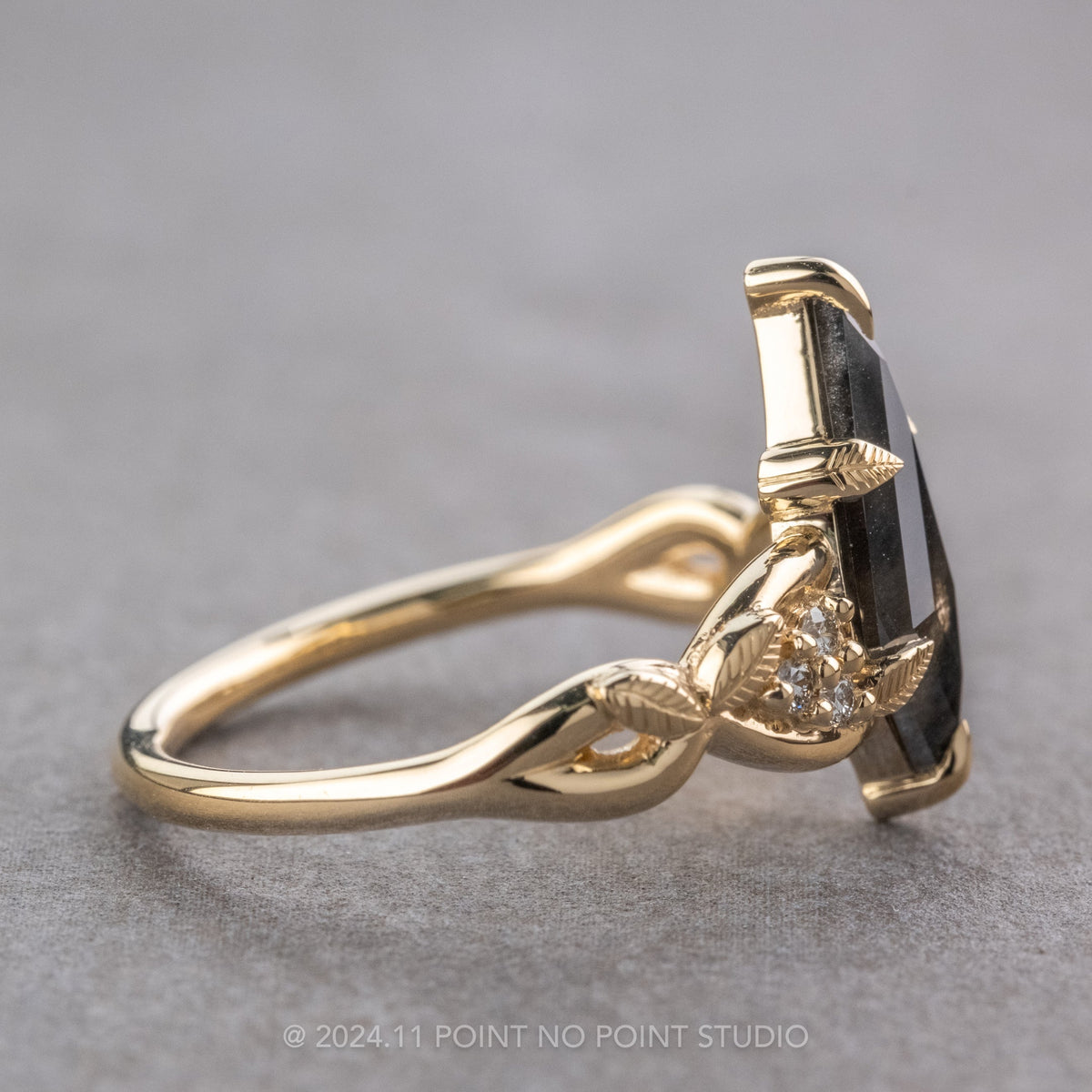 1.25 Carat Black Speckled Kite Diamond Engagement Ring, Leaf Quinn Setting, 14k Yellow Gold