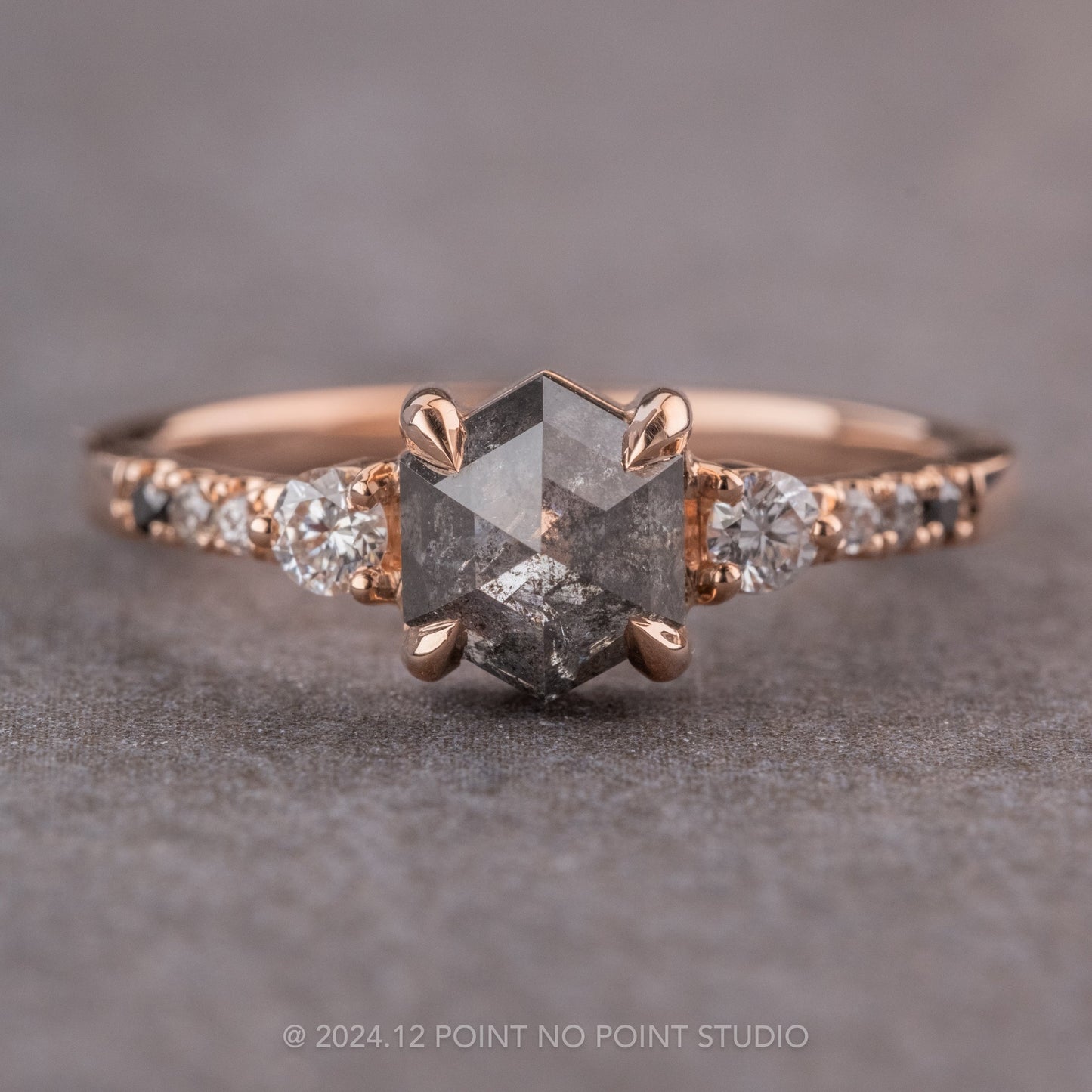 1.31 Carat Salt and Pepper Hexagon Diamond Engagement Ring, Ombre Eliza Setting