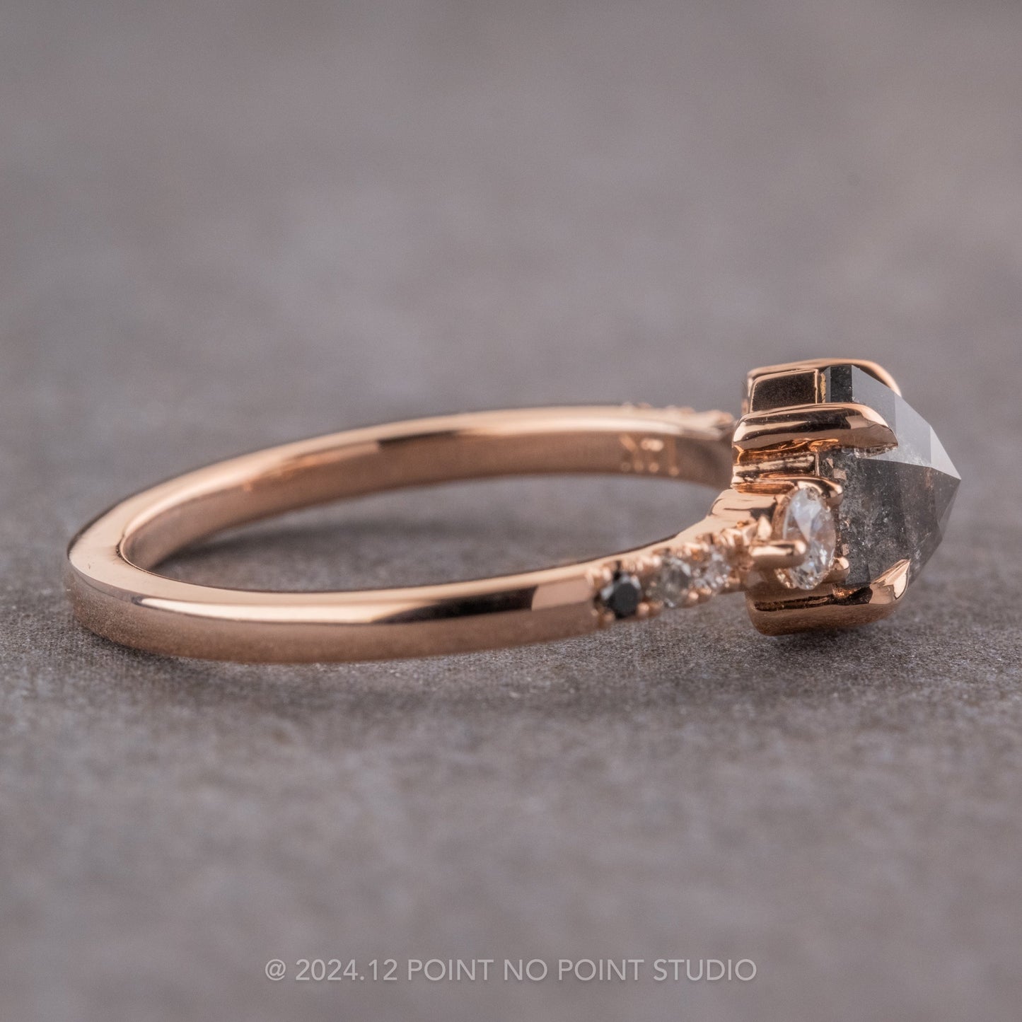 1.31 Carat Salt and Pepper Hexagon Diamond Engagement Ring, Ombre Eliza Setting