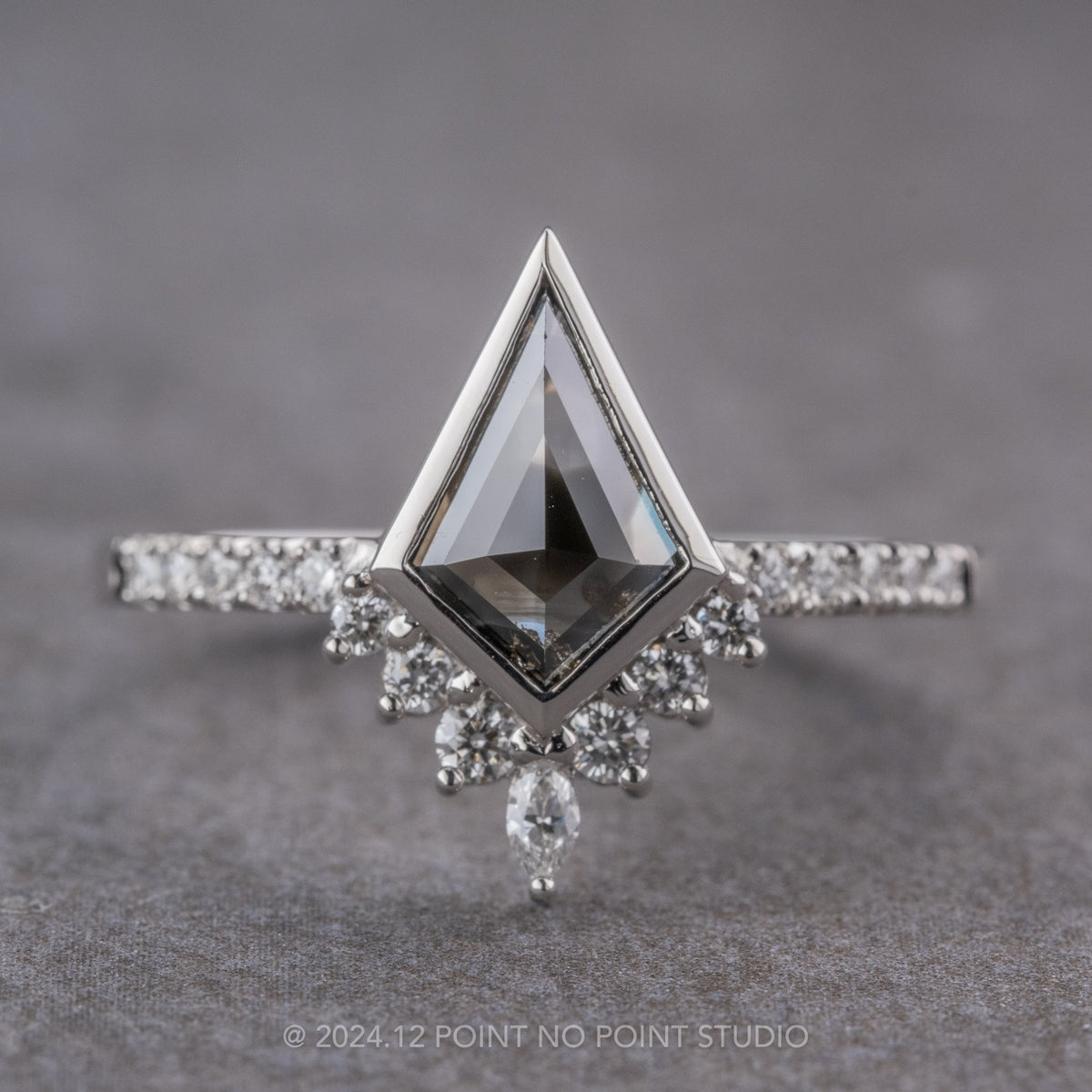1.17 Carat Black Salt and Pepper Kite Diamond Engagement Ring, Bezel Avaline Setting