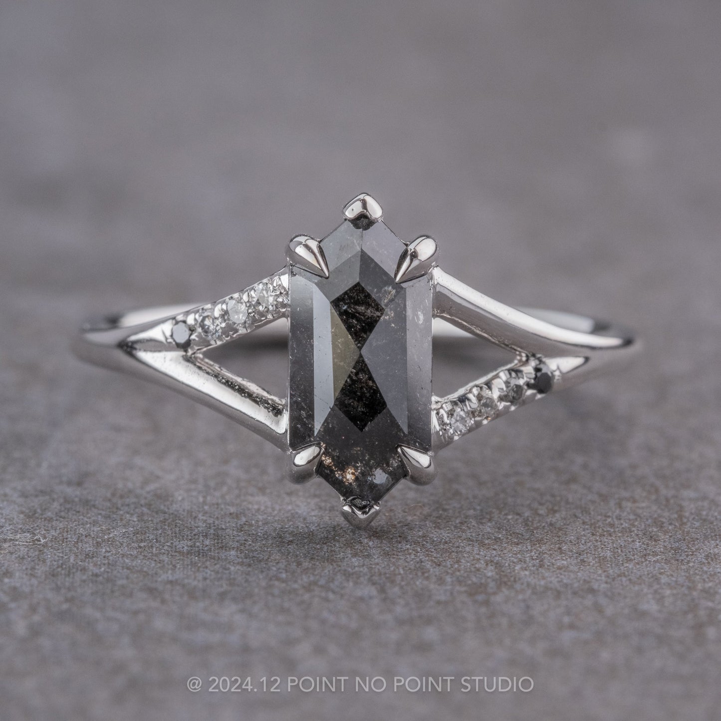 1.35 Carat Black Salt and Pepper Hexagon Diamond Engagement Ring, Ombre Sirena Setting