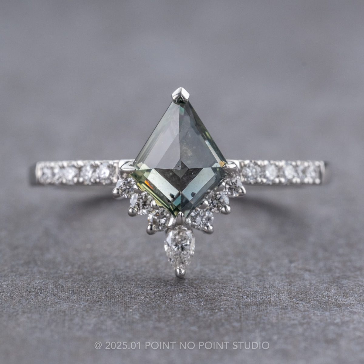 1.69 Carat Green Kite Sapphire and Diamond Engagement Ring, Avaline Setting