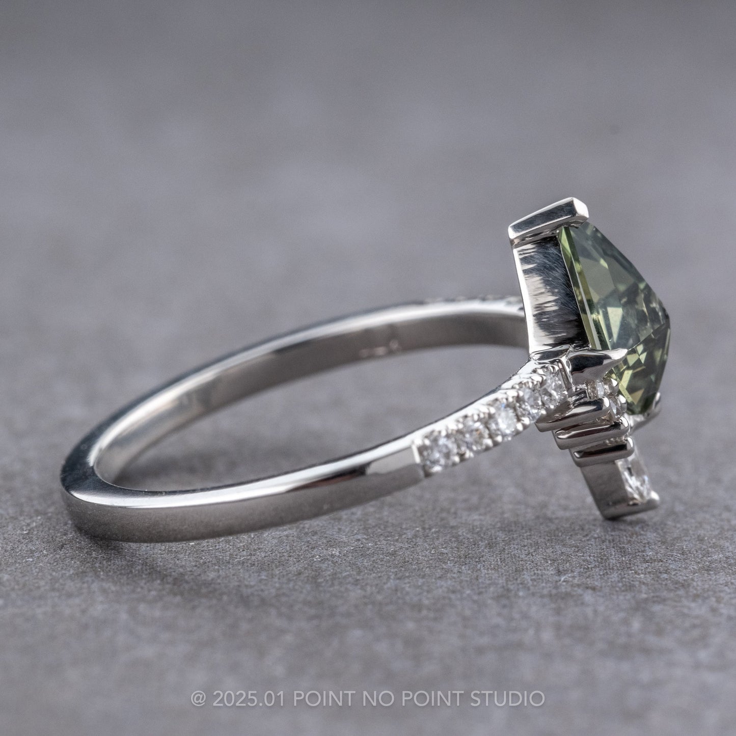 1.69 Carat Green Kite Sapphire and Diamond Engagement Ring, Avaline Setting