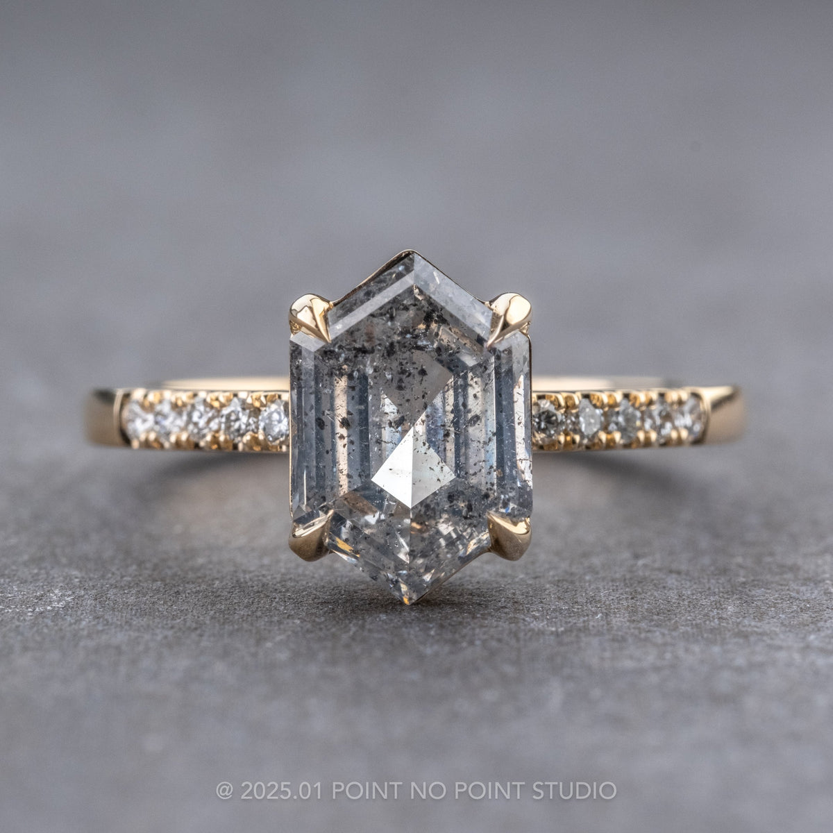 1.99 Carat Salt and Pepper Hexagon Diamond Engagement Ring, Jules Setting, 14K Yellow Gold