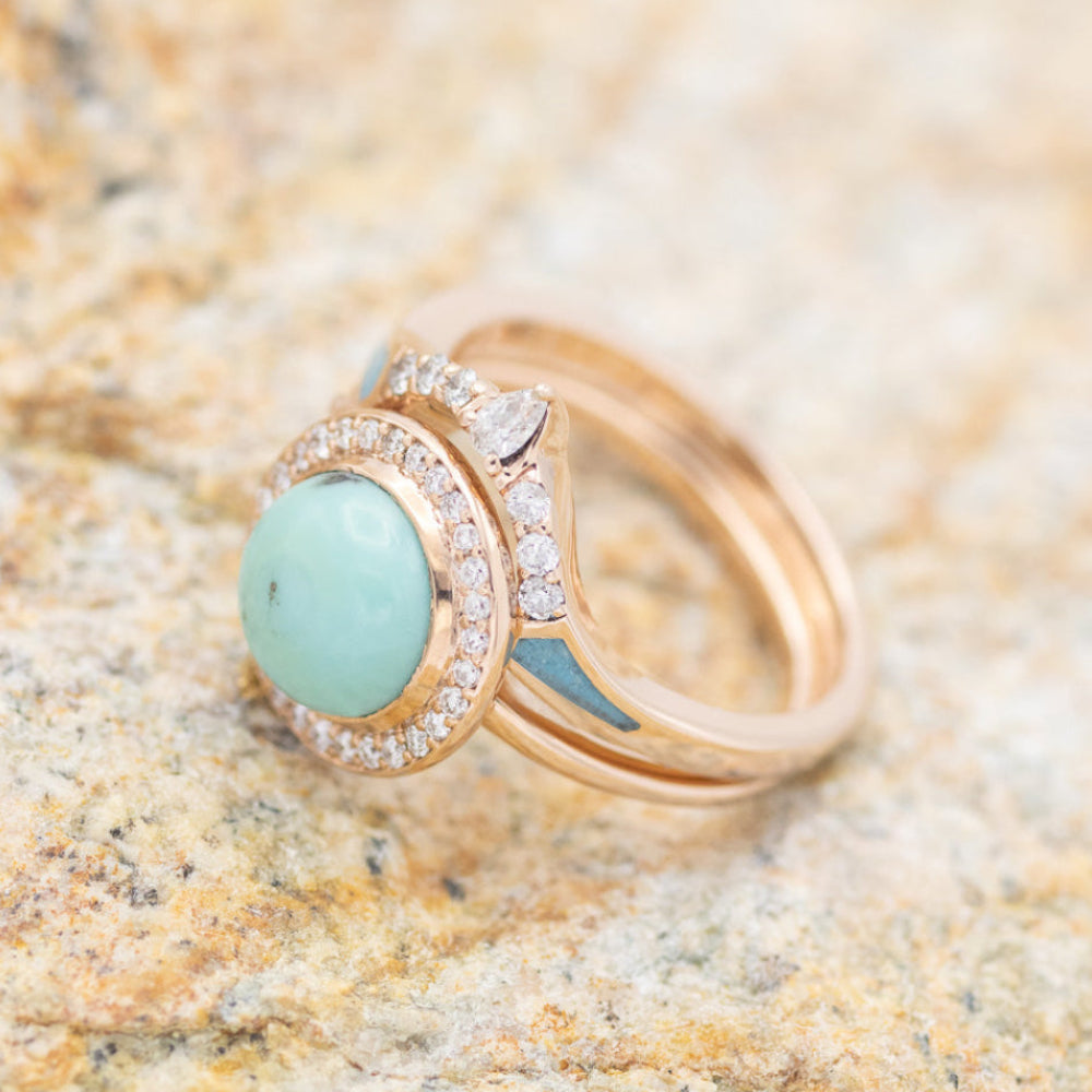 "Terra" - Bridal Suite - Round Cabochon Cut Turquoise Engagement Ring With Diamond Halo & Sama Tracers