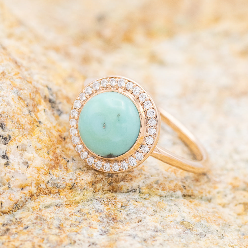 "Terra" - Bridal Suite - Round Cabochon Cut Turquoise Engagement Ring With Diamond Halo & Sama Tracers