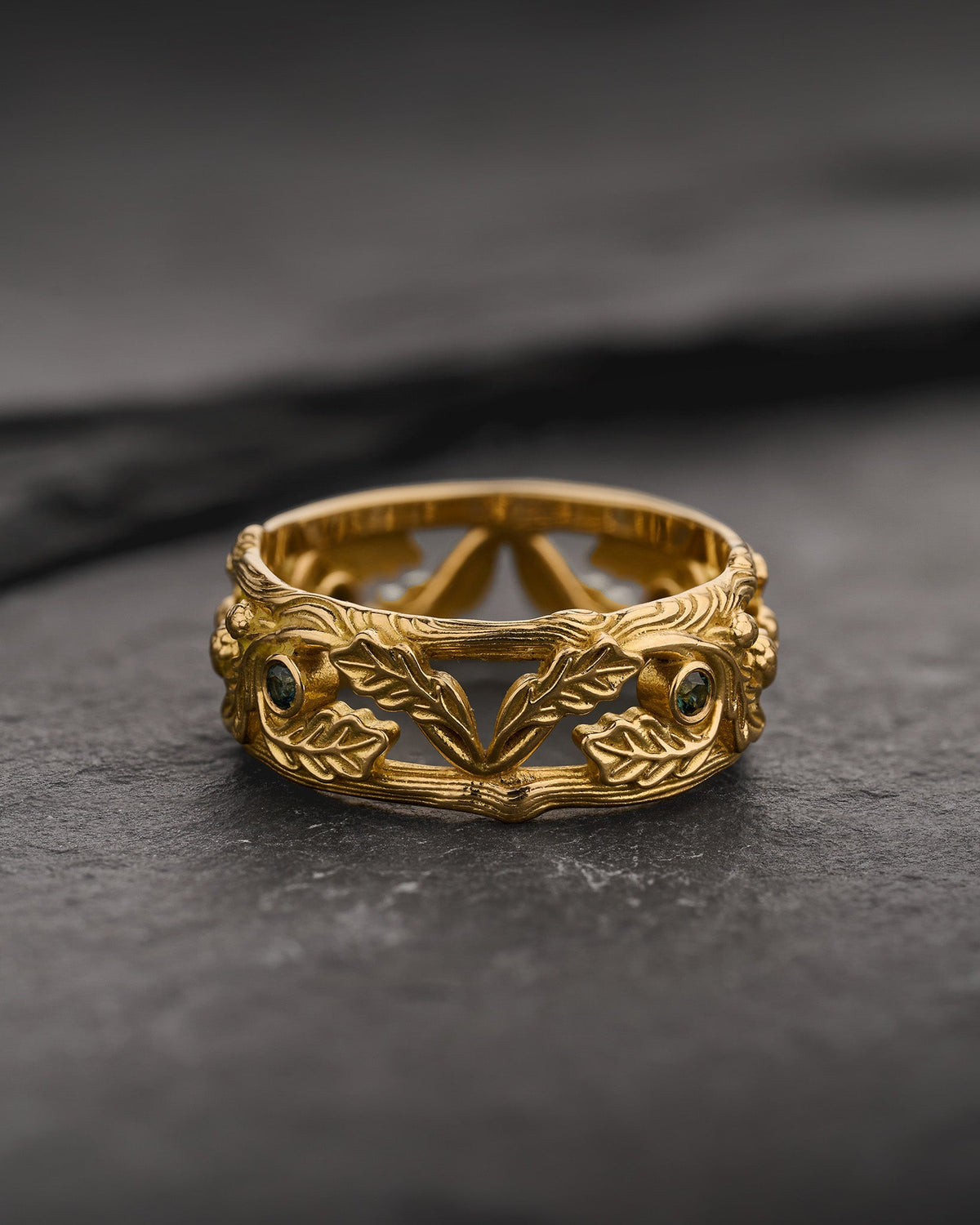 READY TO SHIP Wedding Band with Teal Sapphires, Oak Leaves and Acorns, 18K yellow gold, AVAILABLE RING SIZE: 10 US