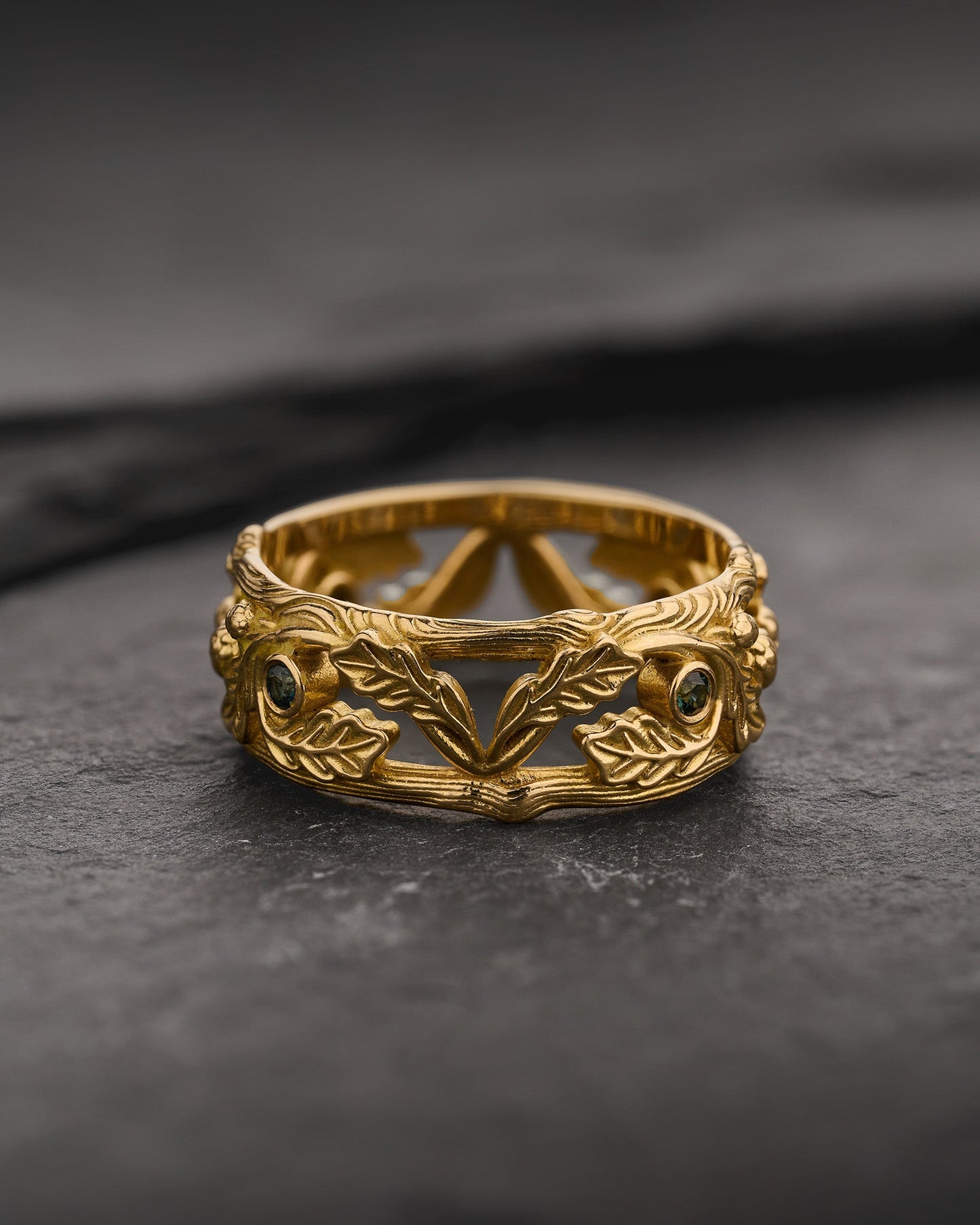 Wedding Band with Teal Sapphires, Oak Leaves and Acorns