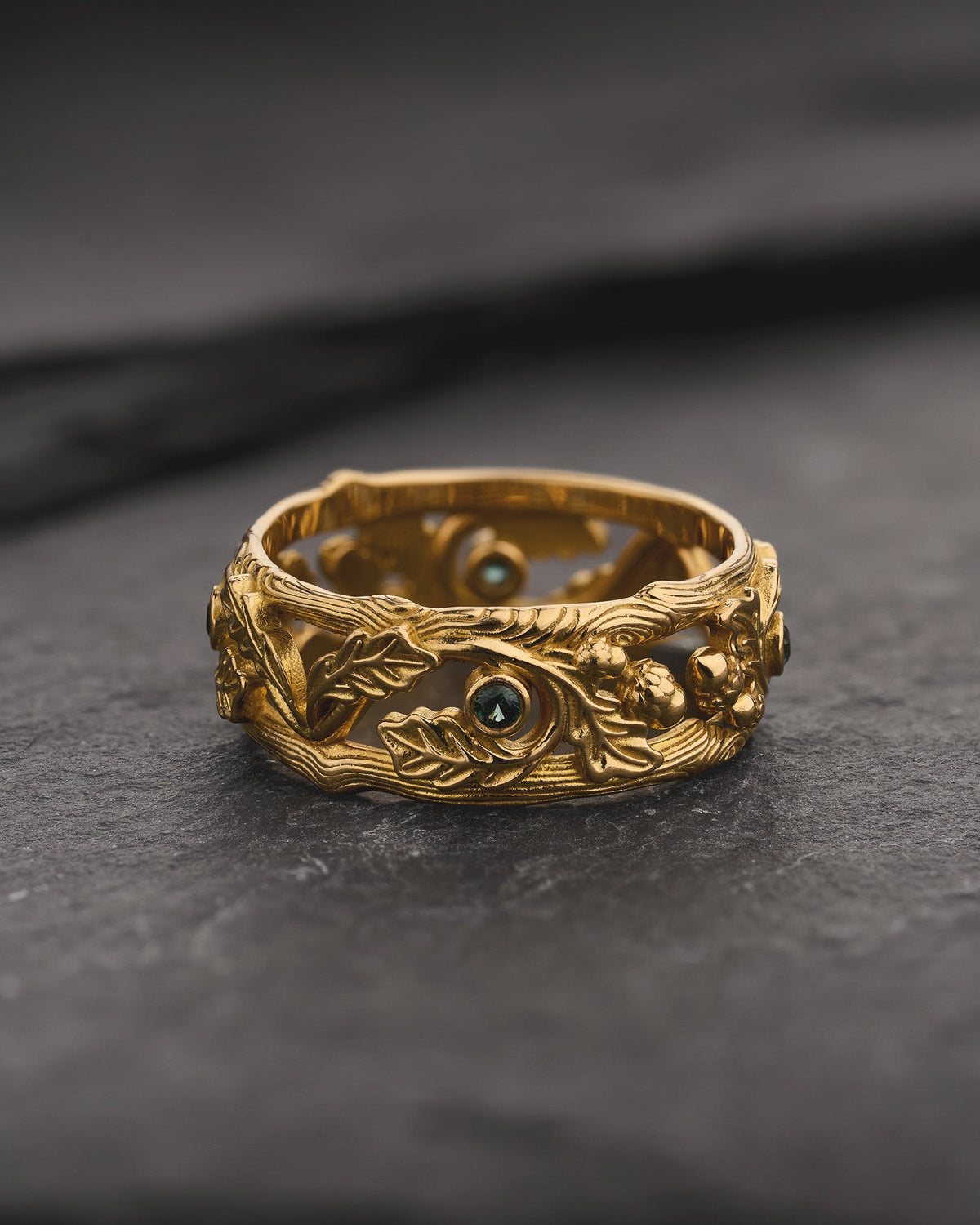 Wedding Band with Teal Sapphires, Oak Leaves and Acorns