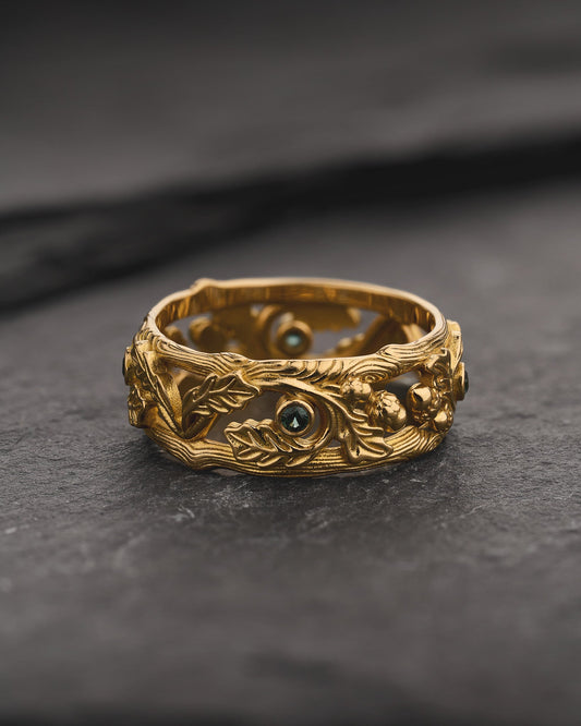 Wedding Band with Teal Sapphires, Oak Leaves and Acorns