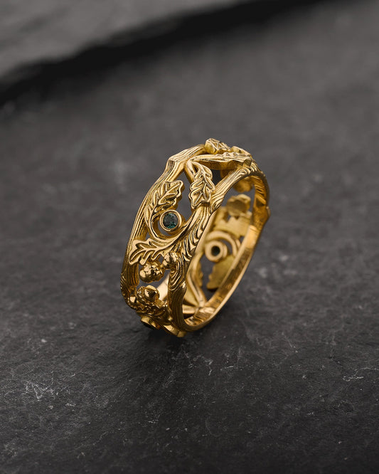 READY TO SHIP Wedding Band with Teal Sapphires, Oak Leaves and Acorns, 18K yellow gold, AVAILABLE RING SIZE: 10 US