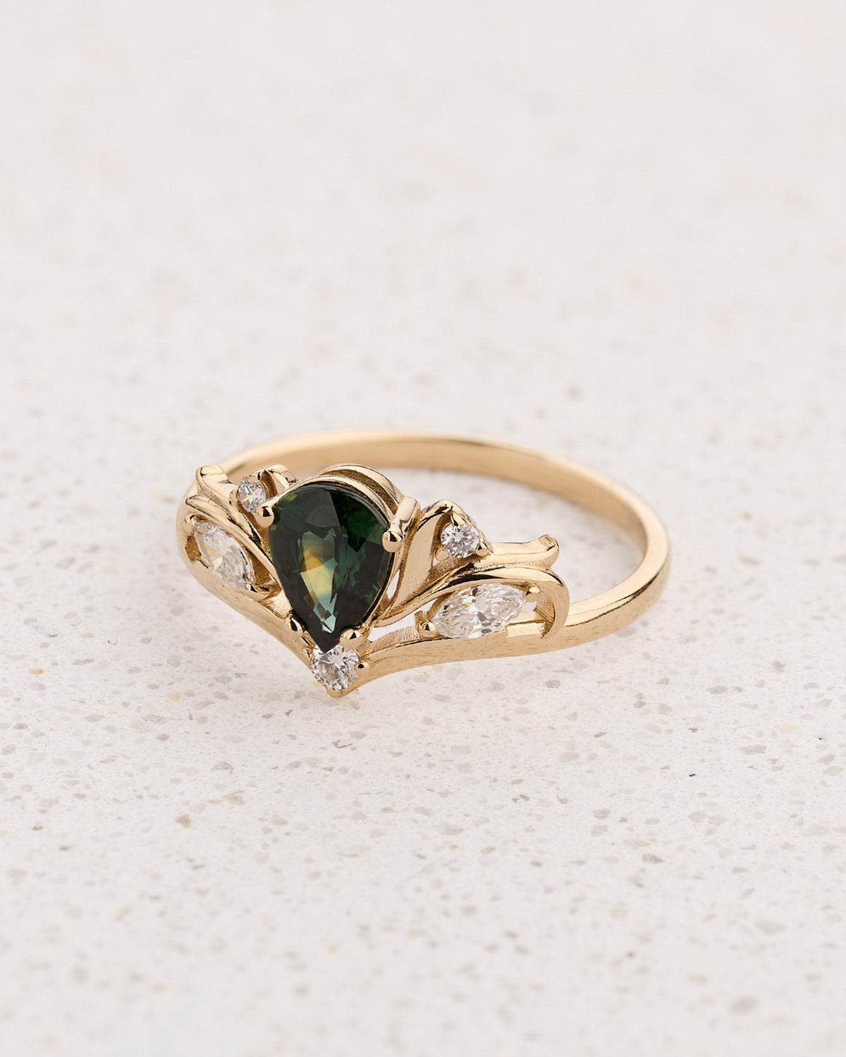 Nature-inspired Engagement Ring with Pear-Cut Teal Sapphire / Swanlake