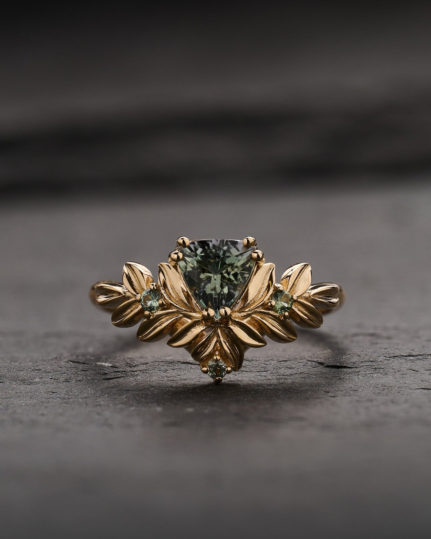 READY TO SHIP Salvia Engagement Ring with Trillion-Cut Green Tanzanite and Accent Sapphires, 14K yellow gold, AVAILABLE RING SIZES 5.5 - 8.5 US