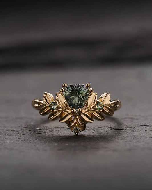Nature-Inspired Engagement Ring with Trillion-Cut Green Tanzanite and Accent Sapphires / Salvia
