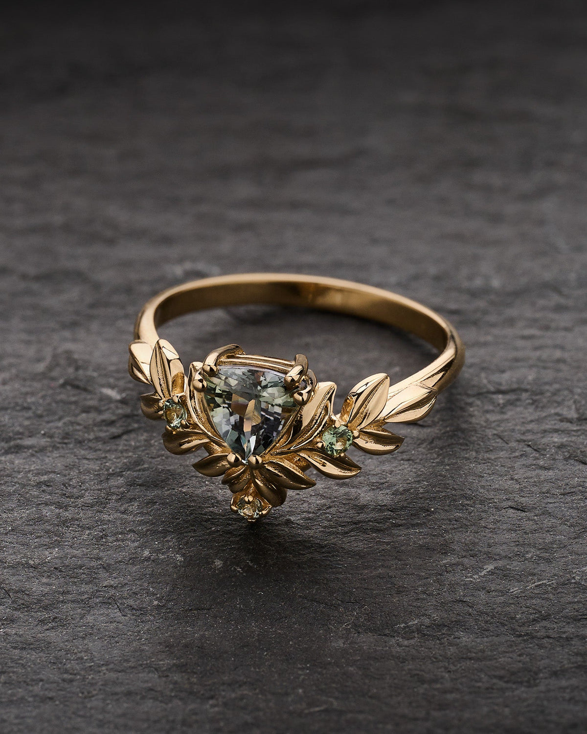 Nature-Inspired Engagement Ring with Trillion-Cut Green Tanzanite and Accent Sapphires / Salvia