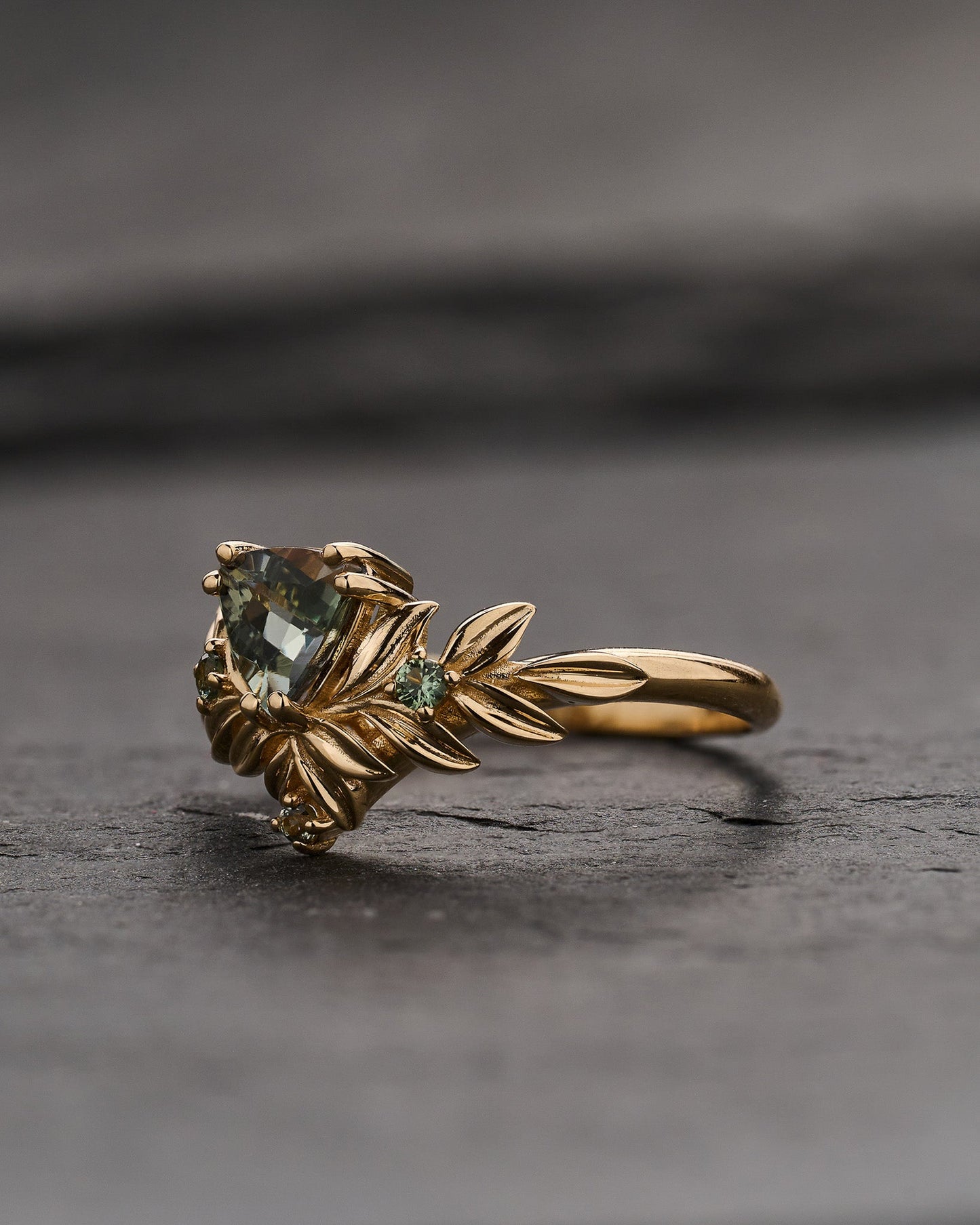 Nature-Inspired Engagement Ring with Trillion-Cut Green Tanzanite and Accent Sapphires / Salvia