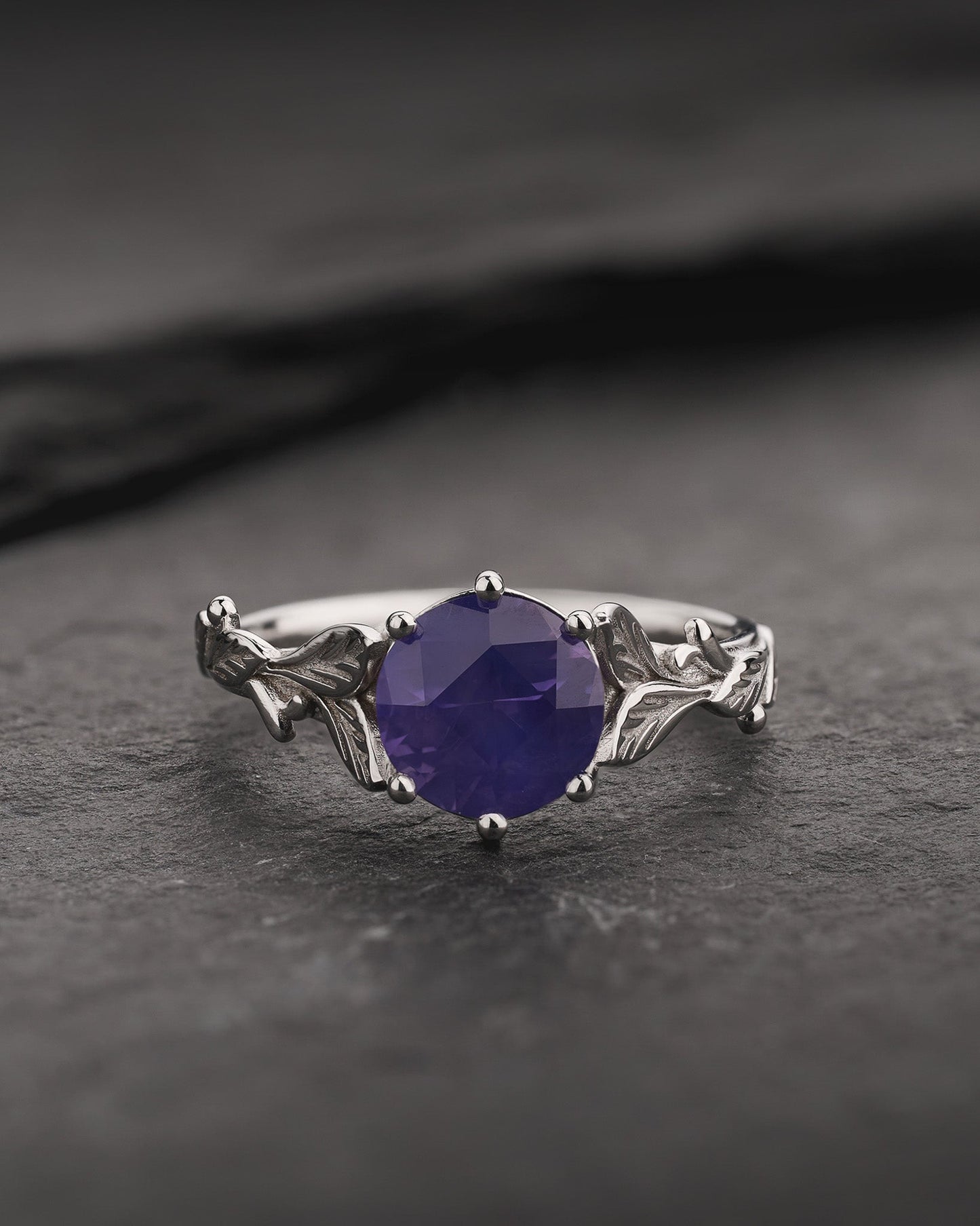 READY TO SHIP Freesia Engagement Ring with Round Opalescent Purple Sapphire, 14K white gold, RING SIZES 5.5 - 8.5 US