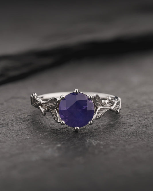 READY TO SHIP Freesia Engagement Ring with Round Opalescent Purple Sapphire, 14K white gold, RING SIZES 5.5 - 8.5 US