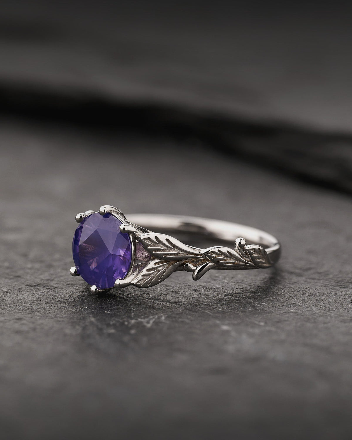 READY TO SHIP Freesia Engagement Ring with Round Opalescent Purple Sapphire, 14K white gold, RING SIZES 5.5 - 8.5 US