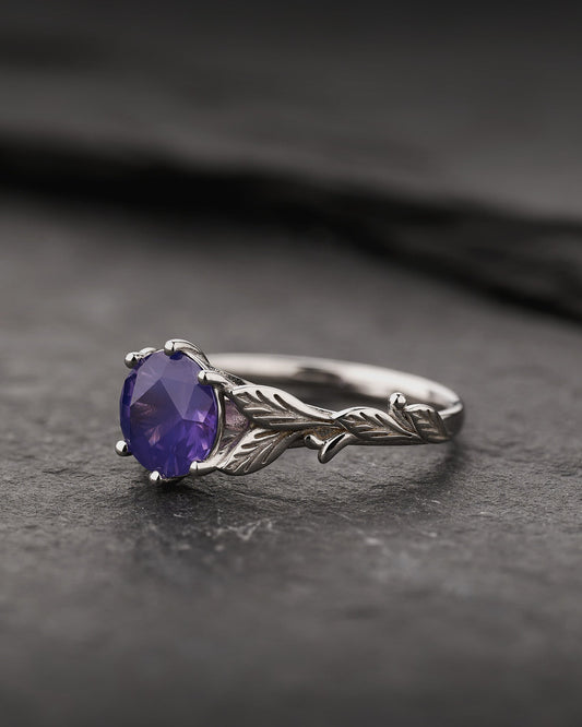 READY TO SHIP Freesia Engagement Ring with Round Opalescent Purple Sapphire, 14K white gold, RING SIZES 5.5 - 8.5 US