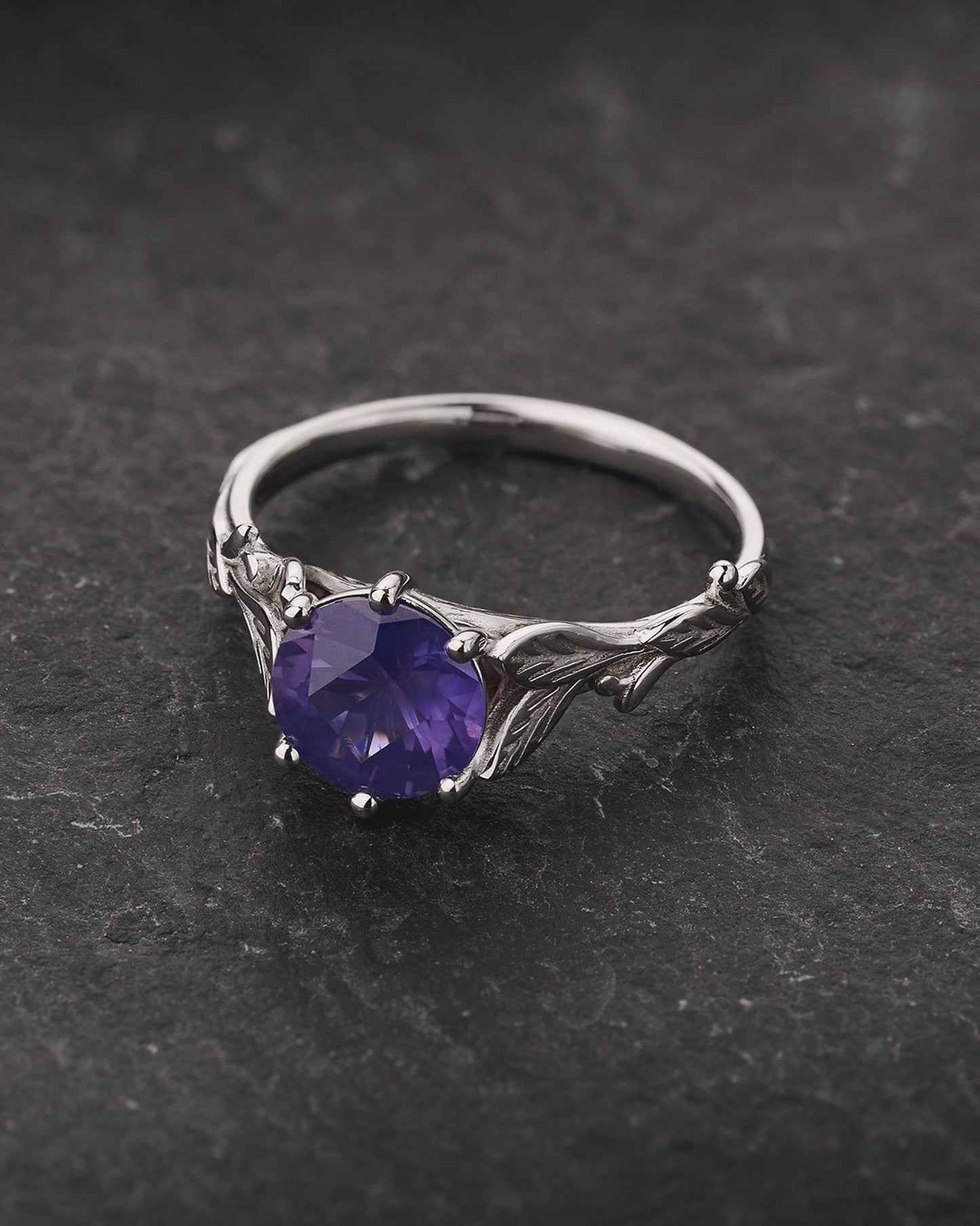 READY TO SHIP Freesia Engagement Ring with Round Opalescent Purple Sapphire, 14K white gold, RING SIZES 5.5 - 8.5 US