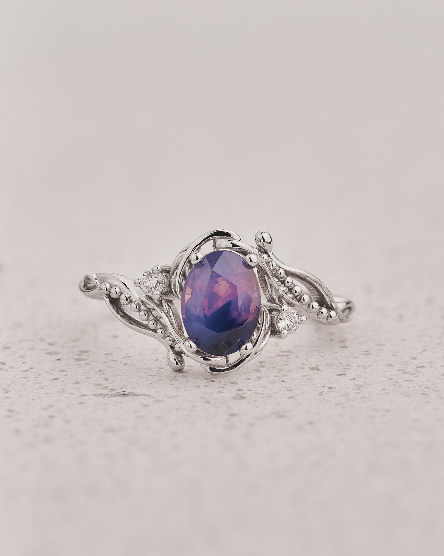 READY TO SHIP Undina Engagement Ring with Oval Opalescent Purplish-pink Sapphire, 14K white gold, RING SIZES: 5.5 - 8.5 US