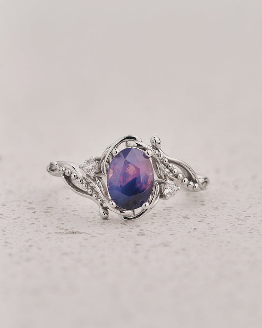 READY TO SHIP Undina Engagement Ring with Oval Opalescent Purplish-pink Sapphire, 14K white gold, RING SIZES: 5.5 - 8.5 US