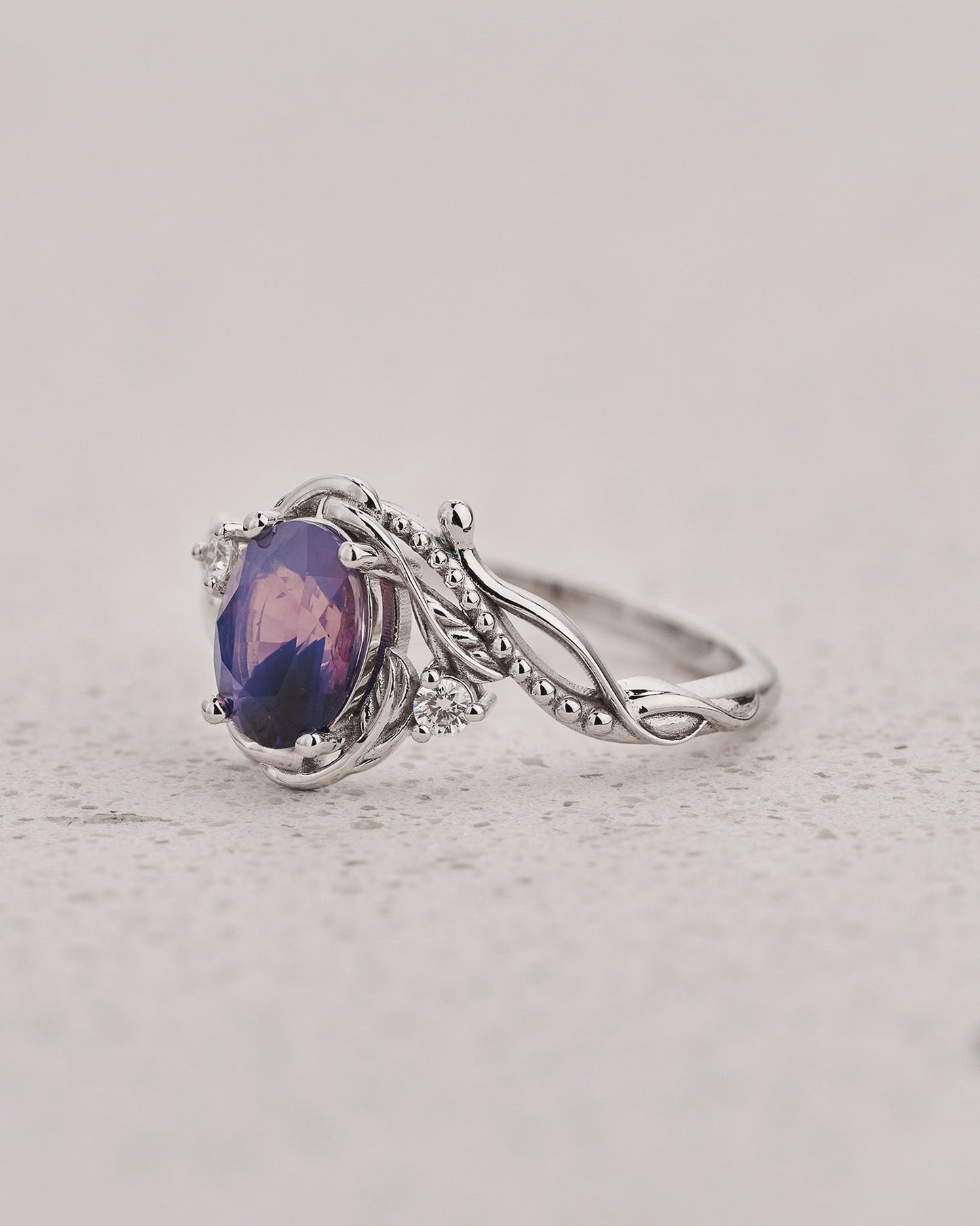 READY TO SHIP Undina Engagement Ring with Oval Opalescent Purplish-pink Sapphire, 14K white gold, RING SIZES: 5.5 - 8.5 US
