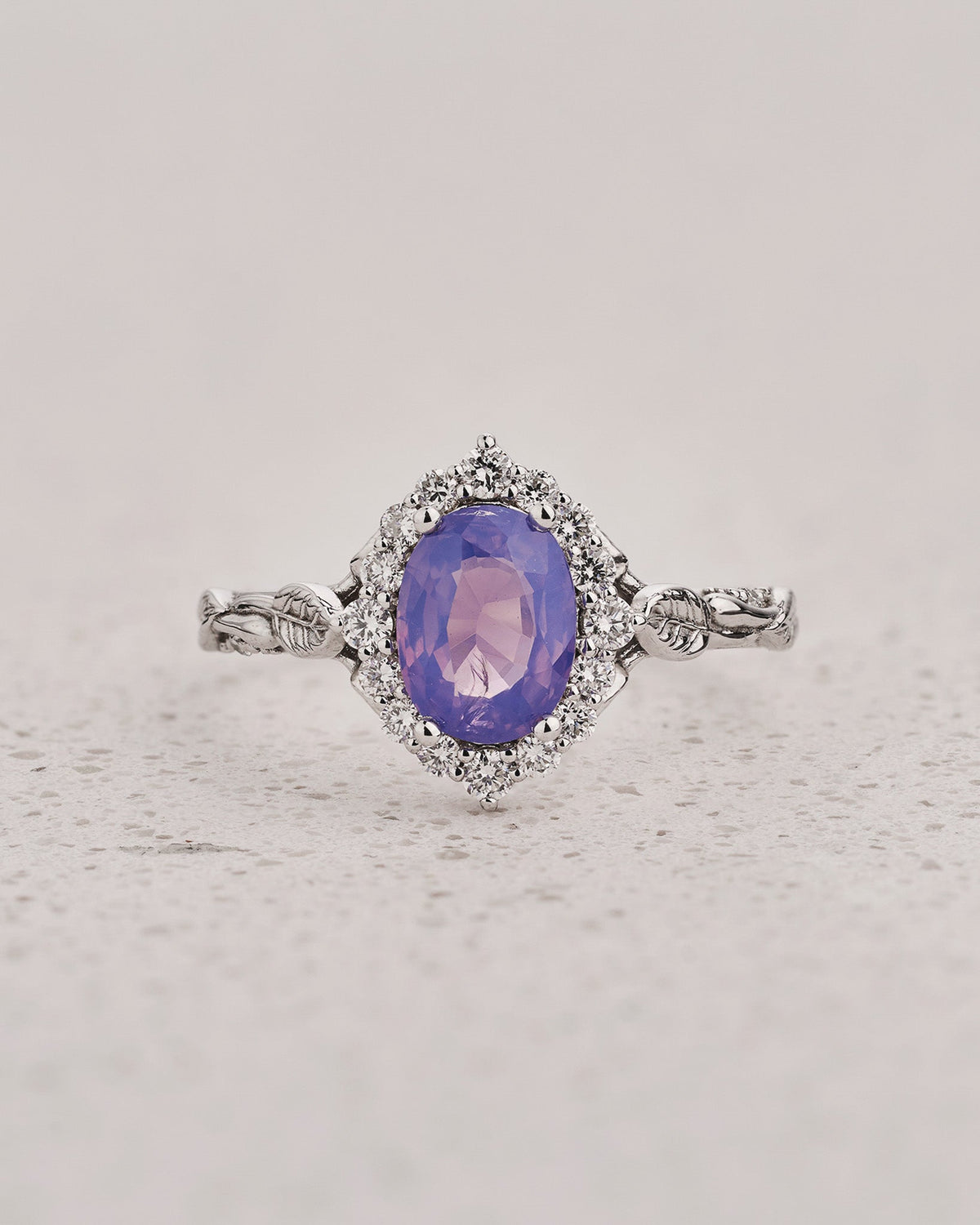 READY TO SHIP Florentina Ring with Oval Opalescent Pinkish-purple Sapphire and Accent Diamonds, 14K white gold, AVAILABLE RING SIZE: 5.5 - 8.5 US