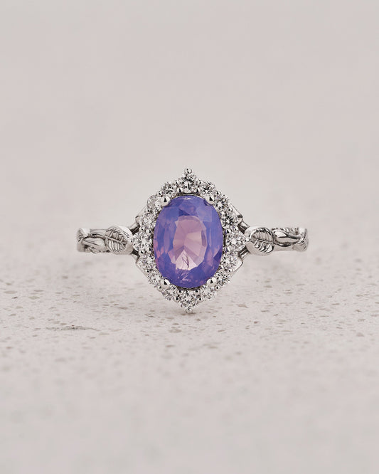READY TO SHIP Florentina Ring with Oval Opalescent Pinkish-purple Sapphire and Accent Diamonds, 14K white gold, AVAILABLE RING SIZE: 5.5 - 8.5 US