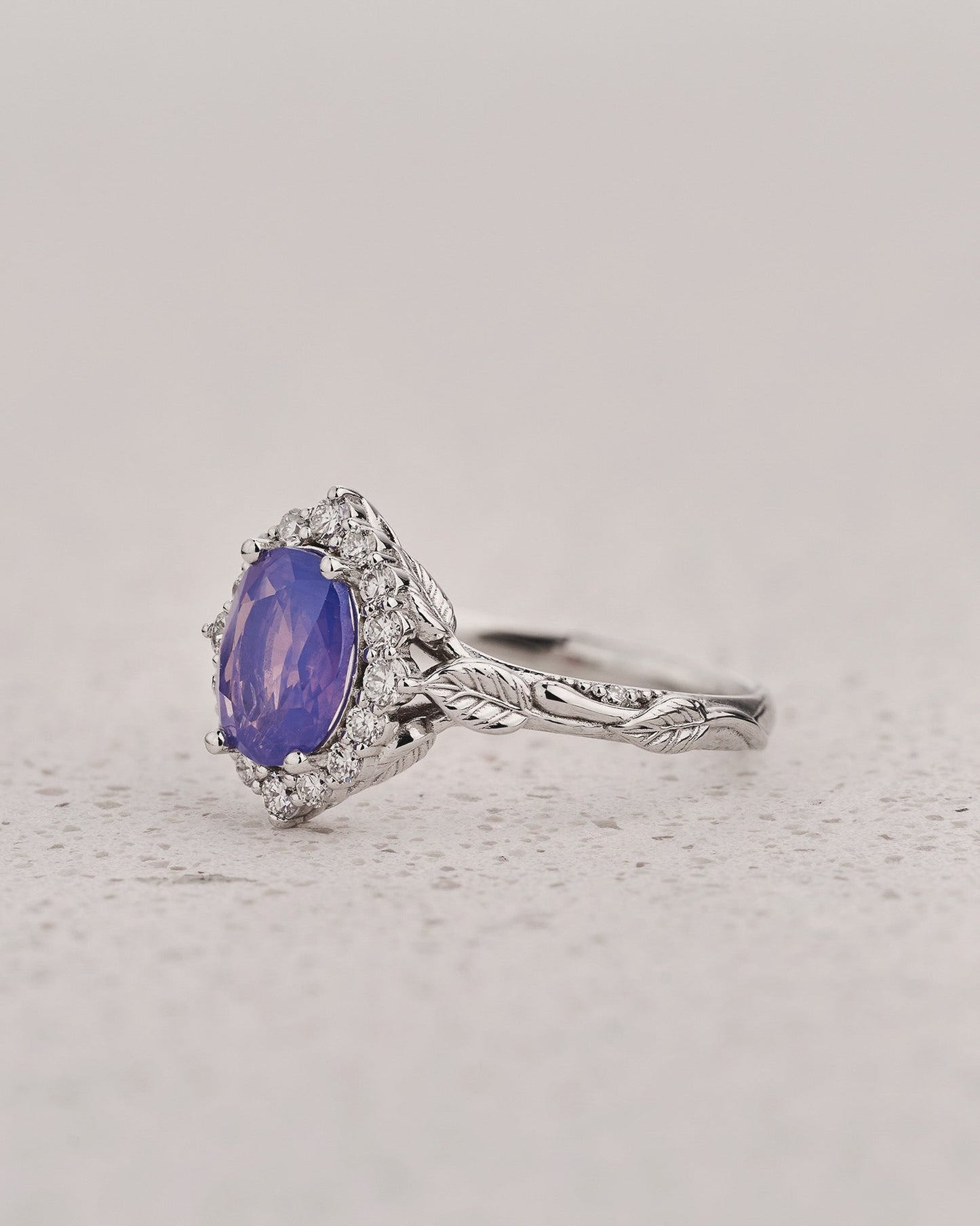 READY TO SHIP Florentina Ring with Oval Opalescent Pinkish-purple Sapphire and Accent Diamonds, 14K white gold, AVAILABLE RING SIZE: 5.5 - 8.5 US