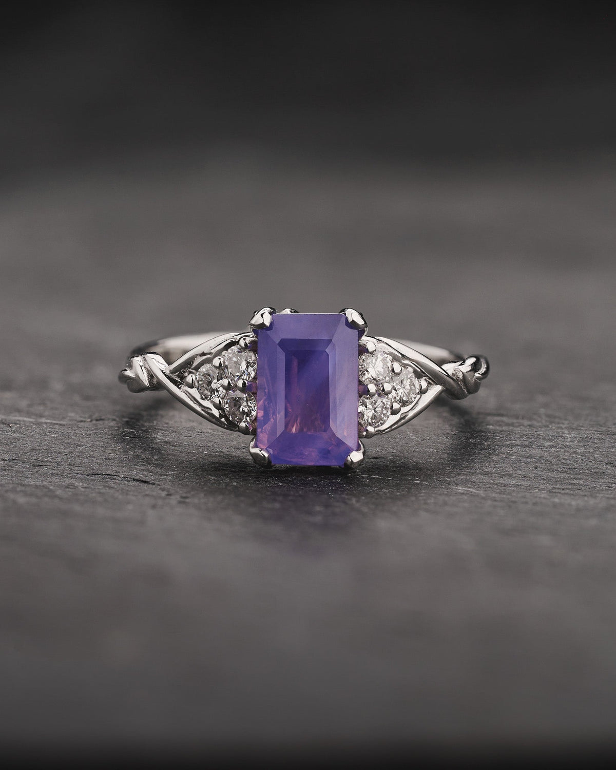 READY TO SHIP Gloria ring with Emerald-cut Opalescent Pinkish-Purple Sapphire, 14K white gold, AVAILABLE RING SIZES: 5.5 - 8.5 US