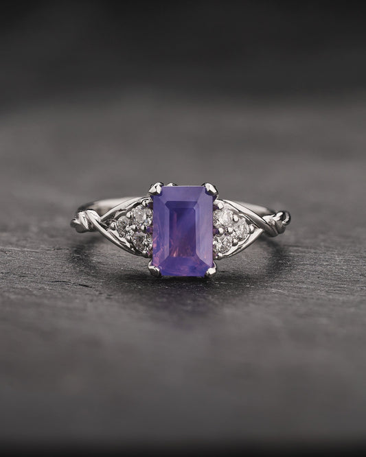 READY TO SHIP Gloria ring with Emerald-cut Opalescent Pinkish-Purple Sapphire, 14K white gold, AVAILABLE RING SIZES: 5.5 - 8.5 US