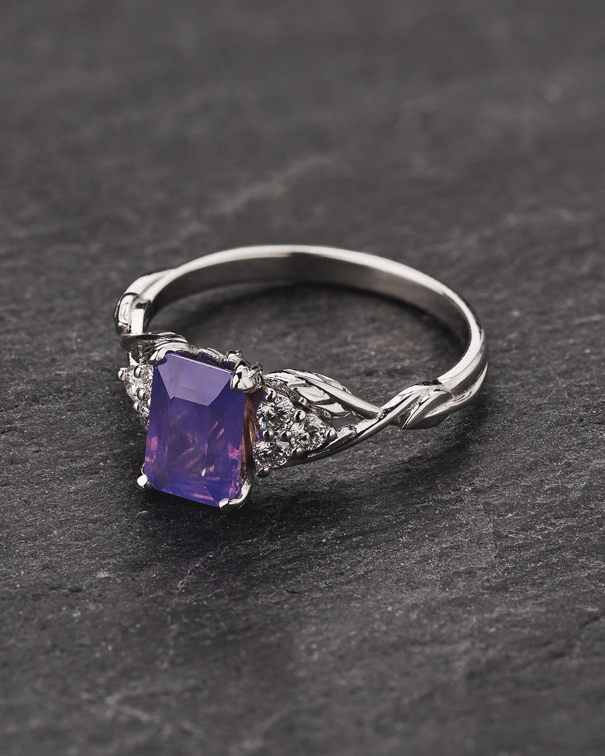READY TO SHIP Gloria ring with Emerald-cut Opalescent Pinkish-Purple Sapphire, 14K white gold, AVAILABLE RING SIZES: 5.5 - 8.5 US