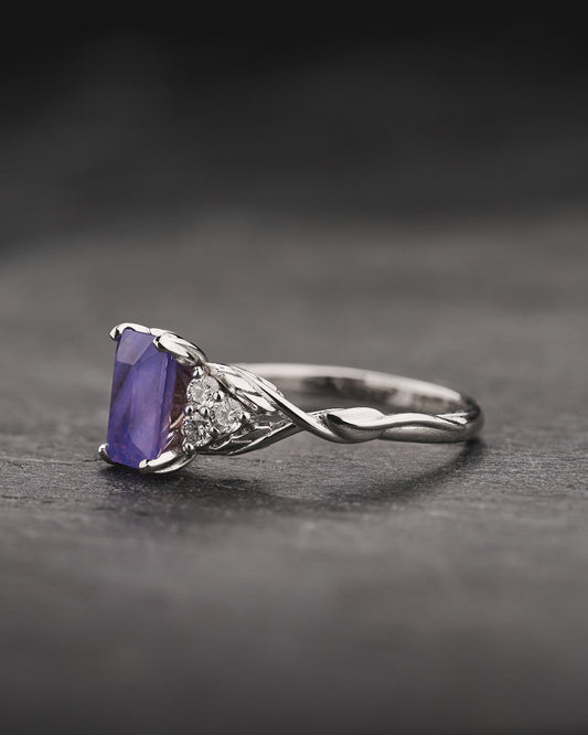 READY TO SHIP Gloria ring with Emerald-cut Opalescent Pinkish-Purple Sapphire, 14K white gold, AVAILABLE RING SIZES: 5.5 - 8.5 US