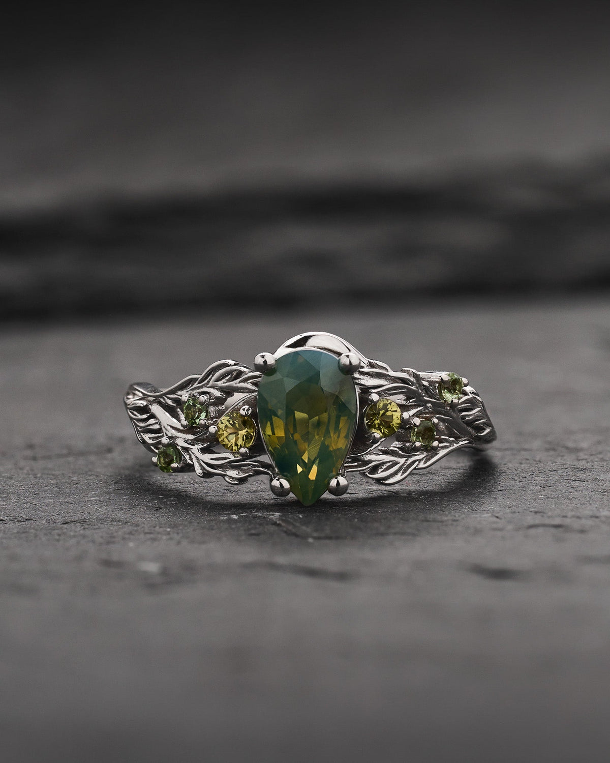 READY TO SHIP Japanese Maple Engagement Ring with Pear-Cut Opalescent Yellowish-green Sapphire and Accent Sapphires, 14K white gold, RING SIZES 5.5 - 8.5 US