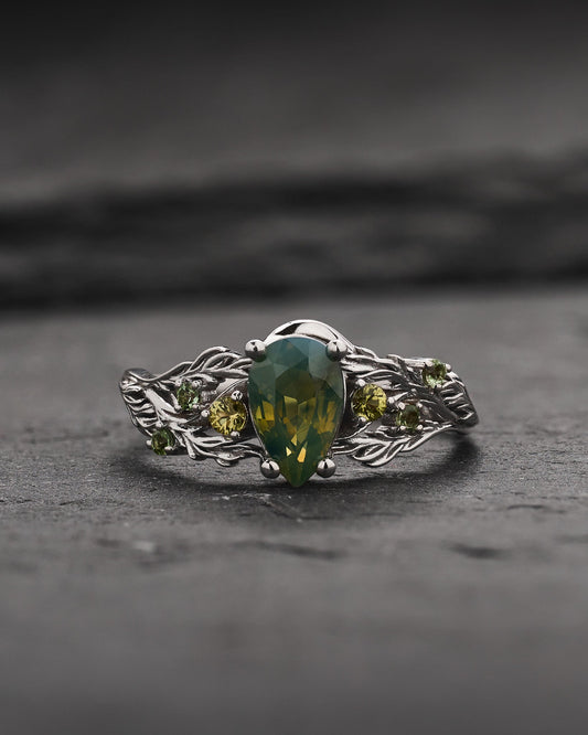 READY TO SHIP Japanese Maple Engagement Ring with Pear-Cut Opalescent Yellowish-green Sapphire and Accent Sapphires, 14K white gold, RING SIZES 5.5 - 8.5 US